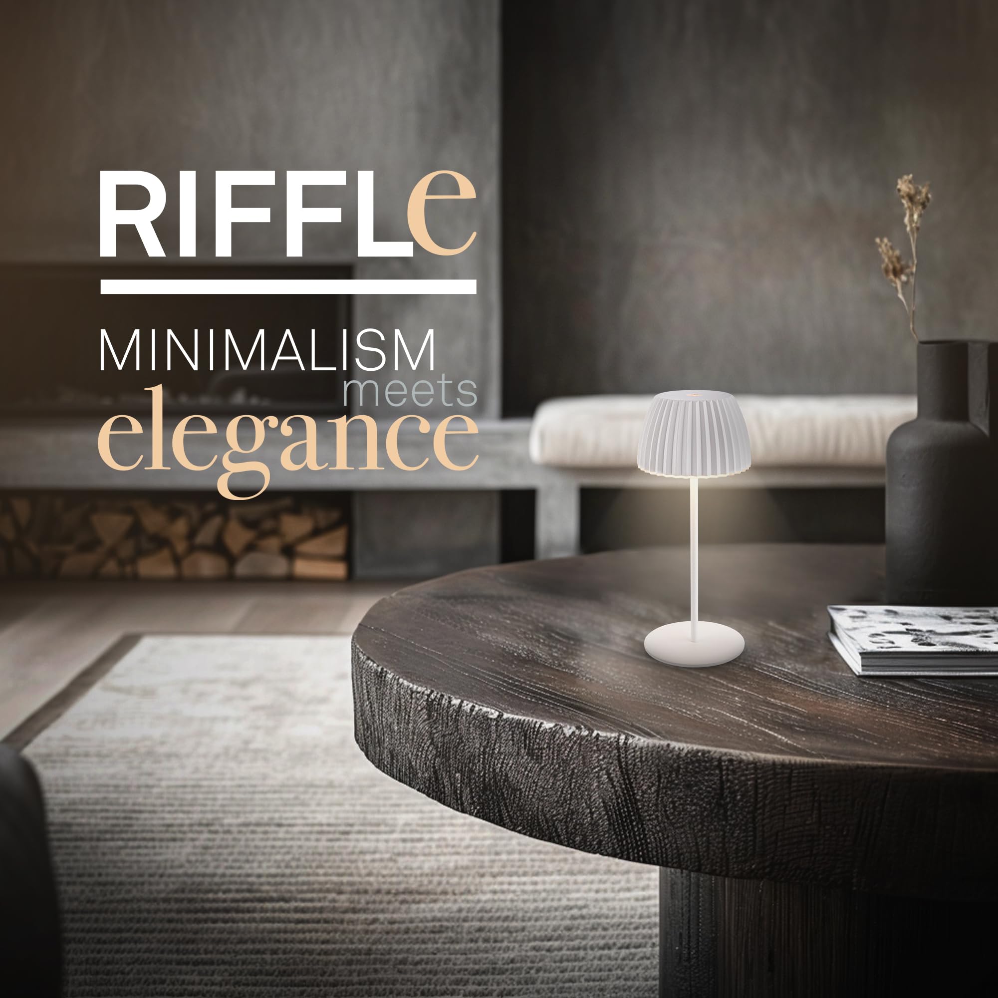 BRILONER - Riffle Mini lampara de mesa sin cable LED inalámbrica IP44 con borde luminoso, regulador táctil, lampara mesita noche sin cable, ganadora del German Design Award 2025, 8,5x20 cm, blanco