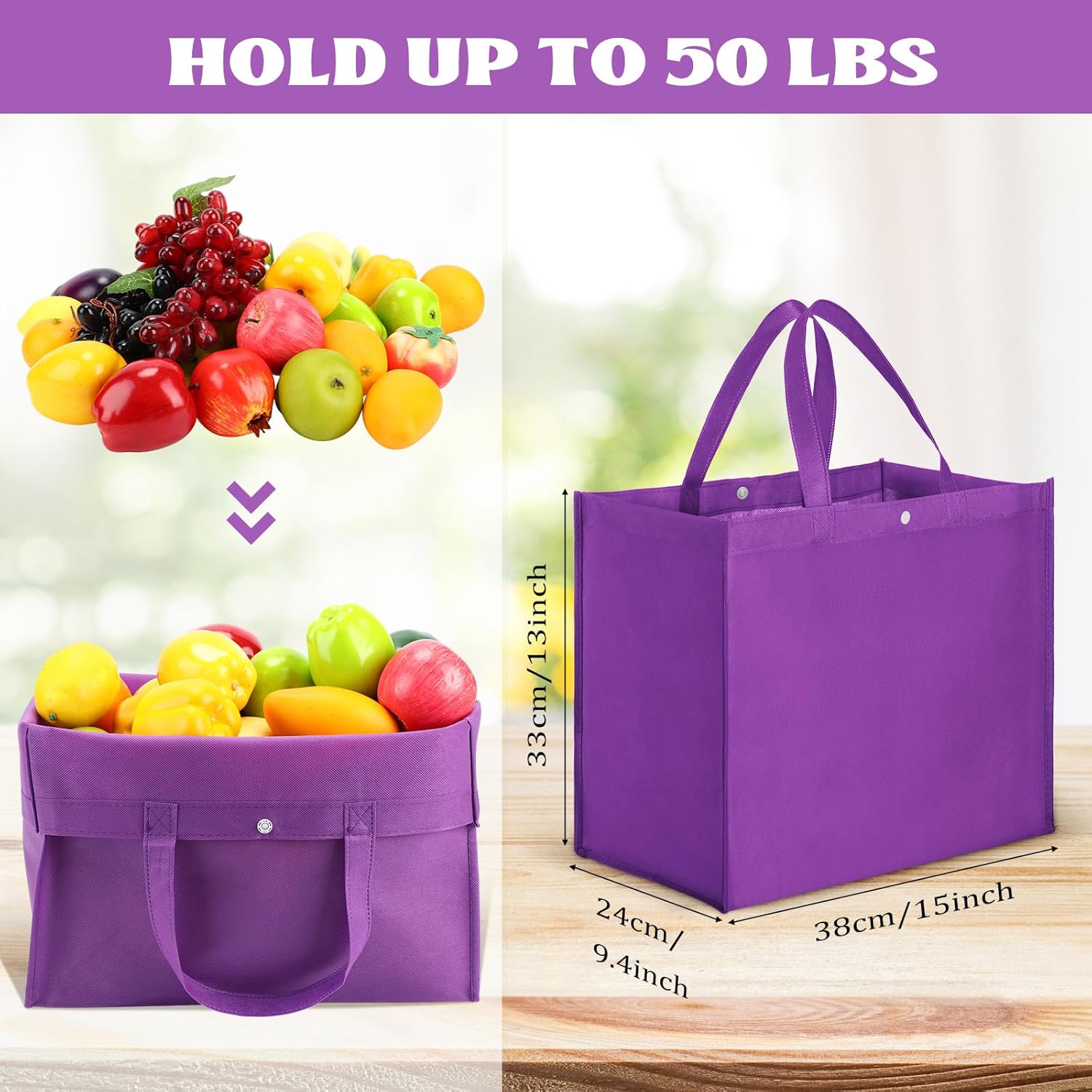 Zhehao 60 Pcs Reusable Grocery Shopping Bags Large Foldable Gift Tote Non Woven Fabric Bags with Handle and Plastic Button for Birthdays, Bridesmaids, Party Favors, 15 x 9.5 x 13 Inch (Purple) - Image 4