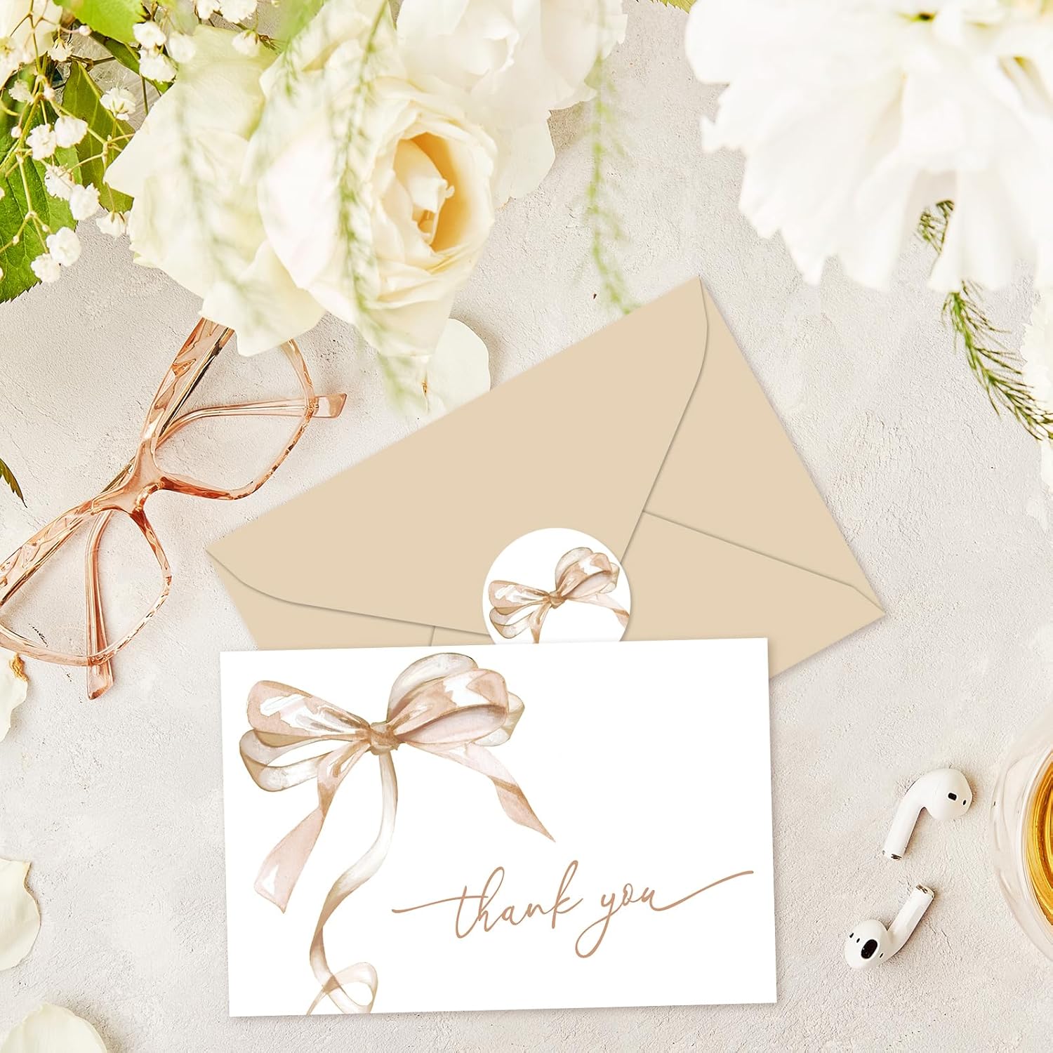 Whaline 24Pcs Beige Bow Thank You Cards with Envelopes and Stickers Watercolor Bow Greeting Card Beige Blank Note Card for Party Supplies - Image 6