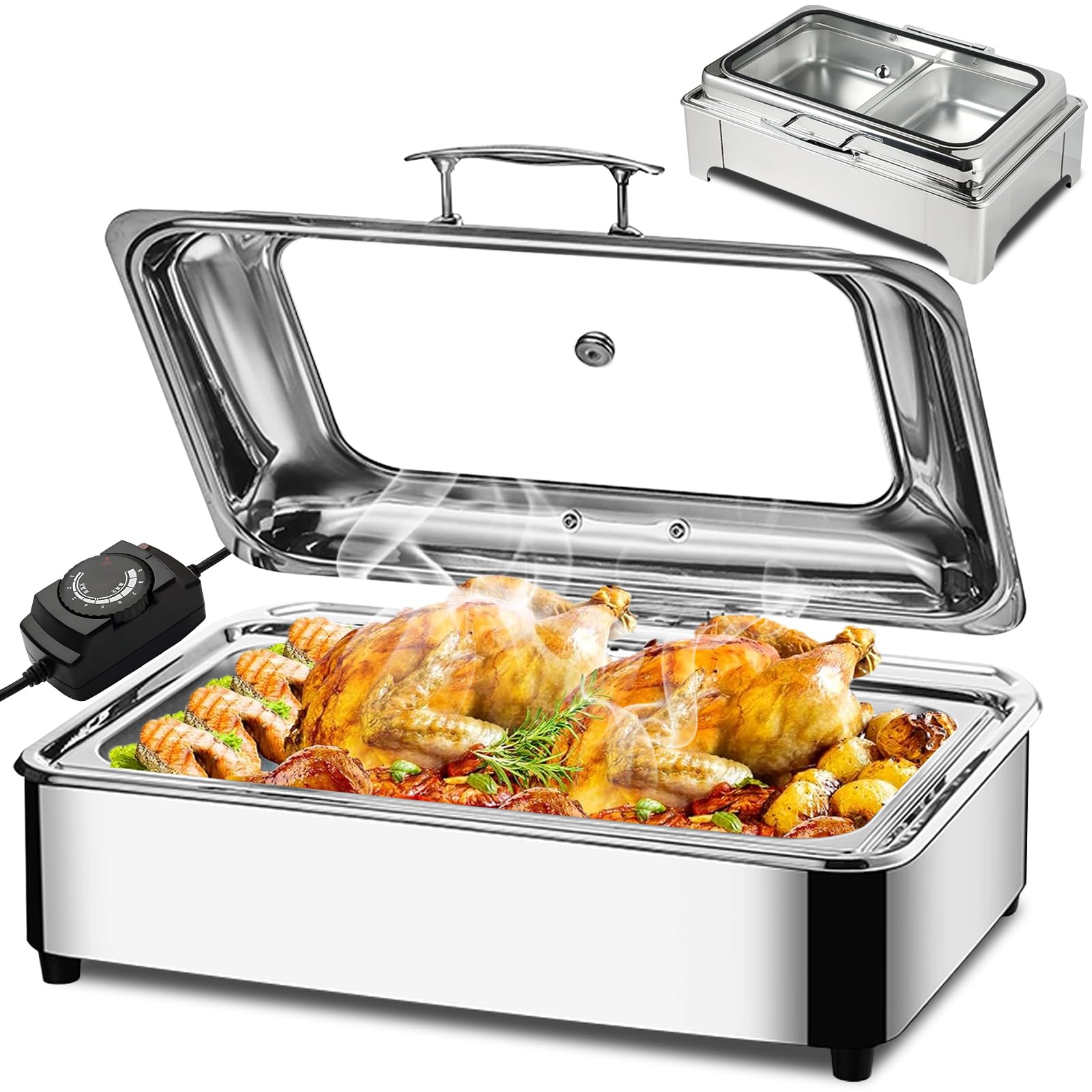 Chafing Dish Elettrico, Acciaio Inox Scaldavivande Elettrico per Buffet, Contenitore Vassoio di Riscaldamento con Coperchio Trasparente per Catering Buffet e Party (1/1)