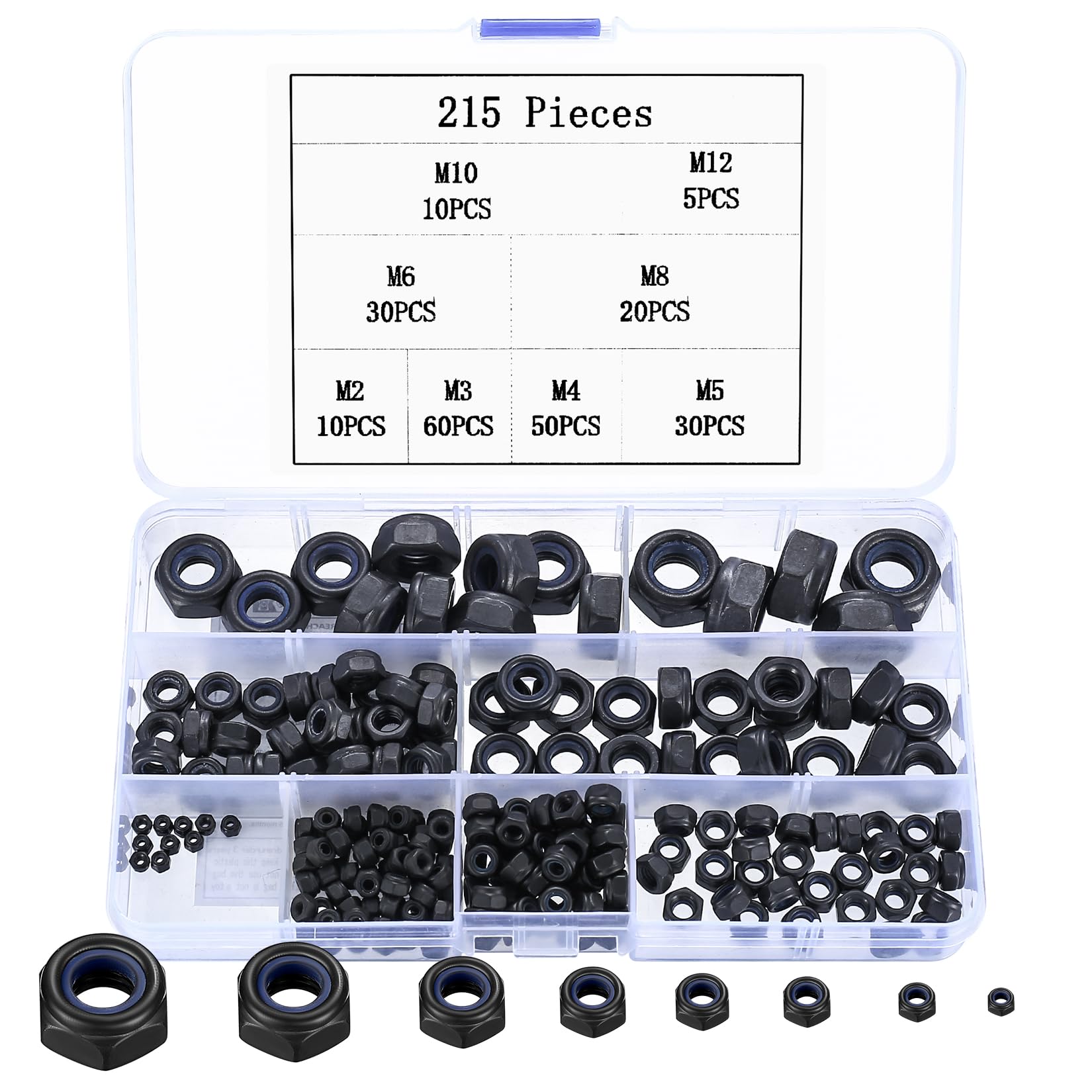 215 Pcs Nylock Nuts, Self Locking Nuts, Nylon Insert Lock Nuts, Carbon Steel Black Hex Nuts, Thread Hexagon Nuts with Nylon Inserts for Bolts Screws Components, M2 M3 M4 M5 M6 M8 M10 M12 (Black)