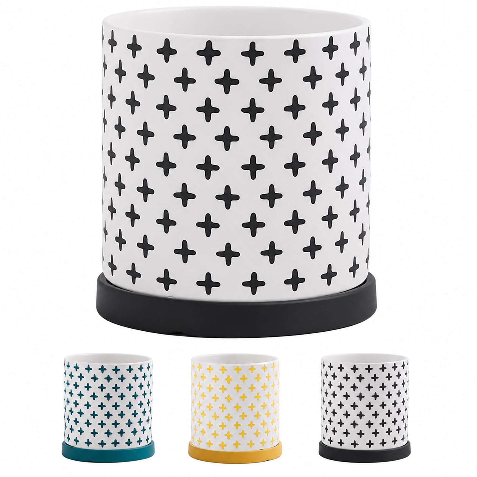 DUY Ceramic Planter Flower Pot with Saucer Teal Geometric Pattern Indoor Plant Drainage Hole for Succulents Herbs (15.5 * 16cm,black)