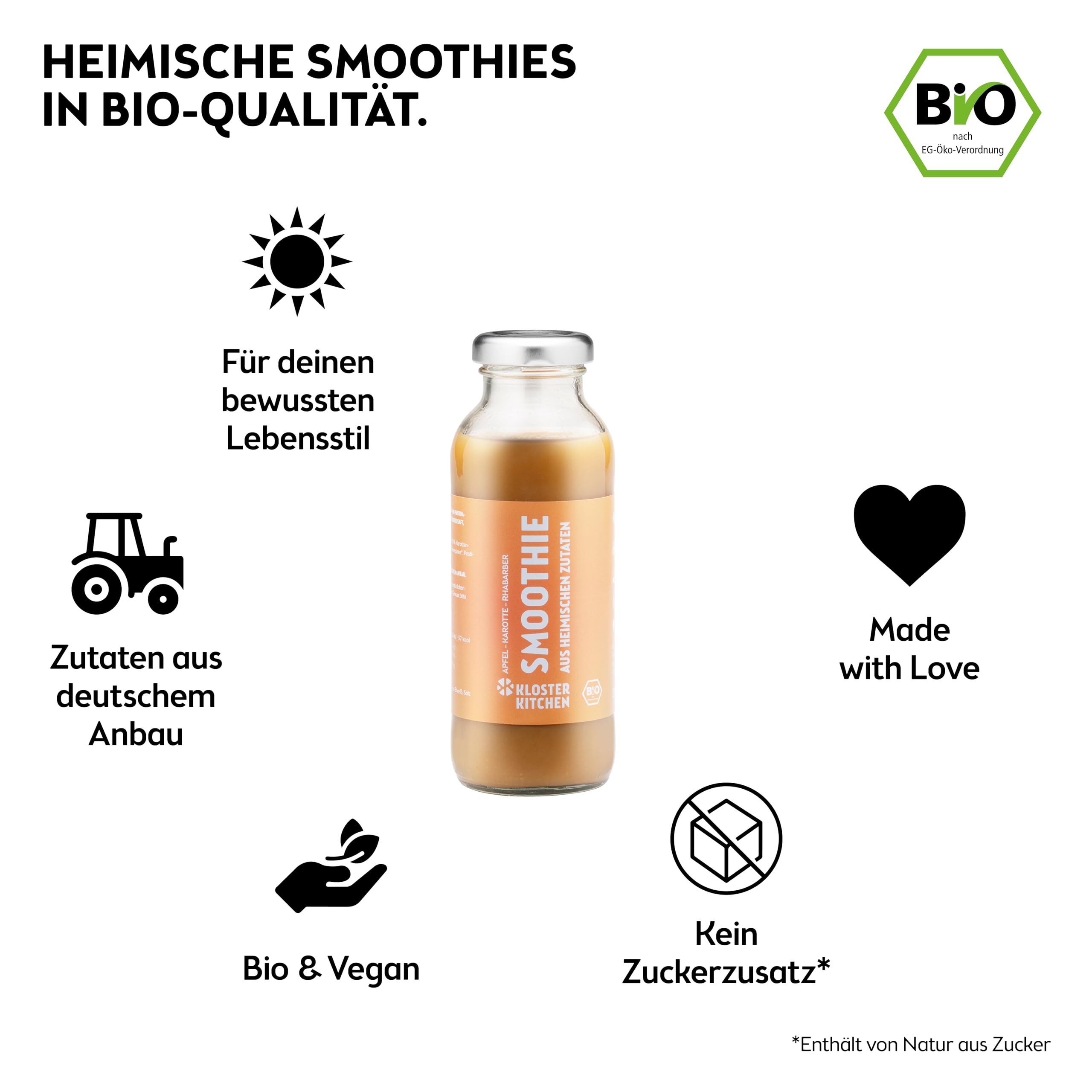 Smoothie bio jaune de Kloster Kitchen Pomme Carotte Rhubarbe 6x 250 ml I Superfood pour le petit-déjeuner vegan I Bouteille en verre à emporter I Superaliment à base d'ingrédients locaux