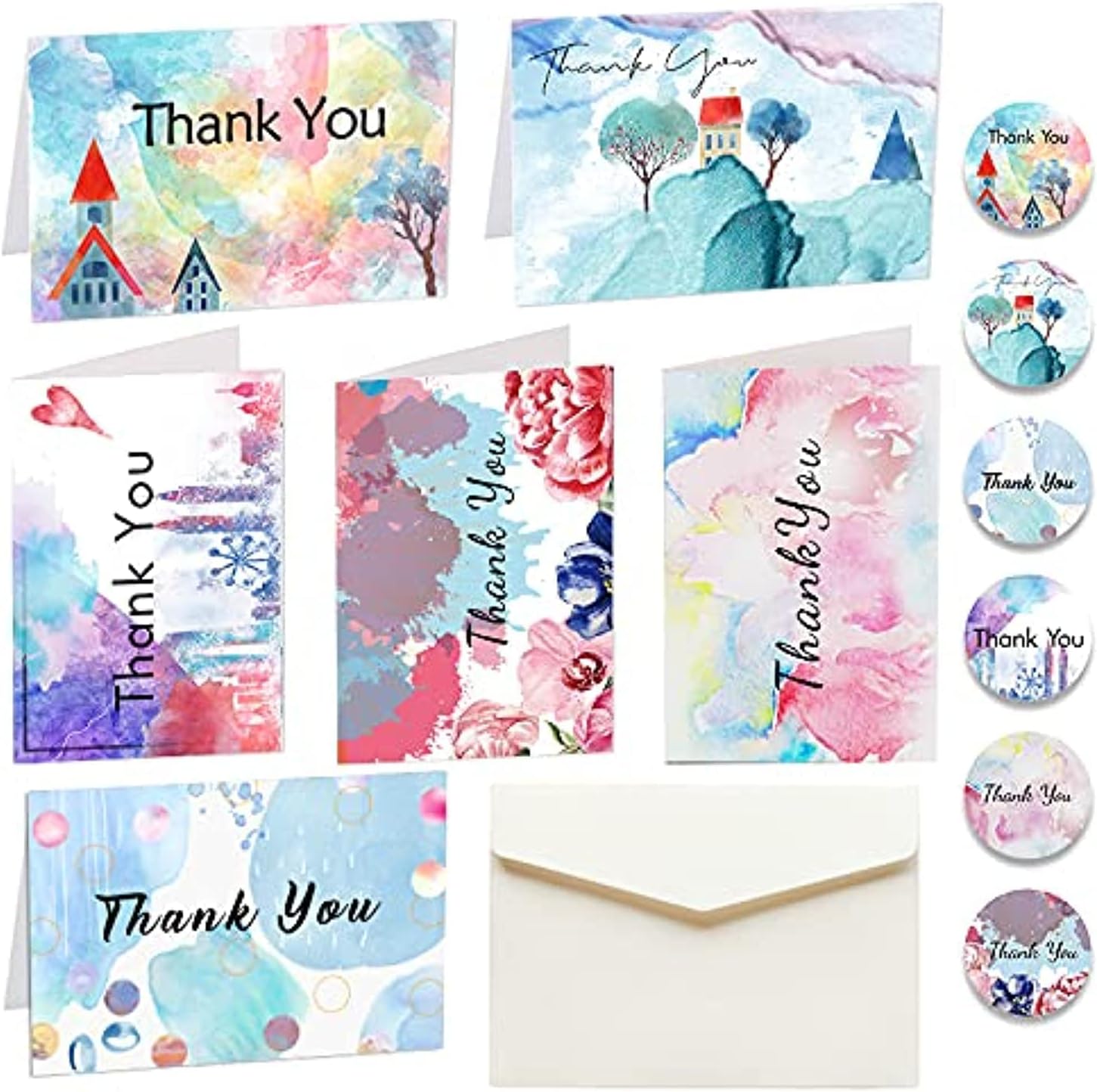 Premify 30Pcs Thank You Cards, 30 Thank You Greeting Cards with 30 Stickers & 30 Envelopes, Thank You Card for Children, Teacher, Birthday, Graduation, Weddings, Mother's Day, Business & Gifts