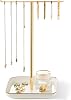 pickpiff Necklace Holder Stand with Ceramic Base: 12 Jewelry Tree Display Organizer for Necklaces, Bracelets, Rings, Earrings, Tall Gold Stand for Women, Aesthetic Room Décor, Gold and White
