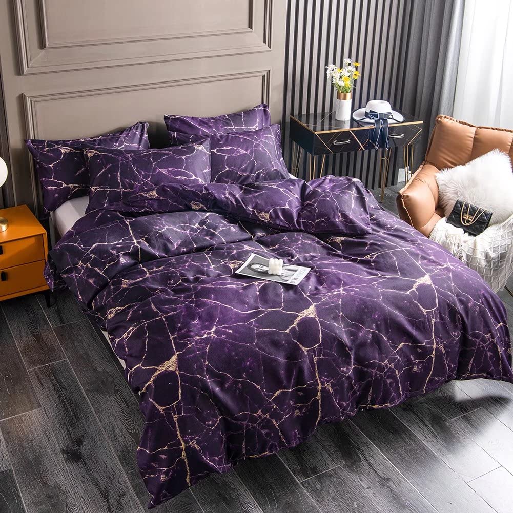 Set Copripiumino Ultra Morbido in Microfibra, 3 Pezzi, Con 2 Federa, 260x230cm,Chiusura a Cerniera, Motivo Marmo Viola, per Letto Matrimoniale Set Di Biancheria Da Letto