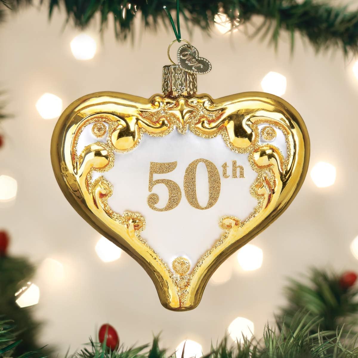 Old World Christmas 50th Anniversary Heart Glass Blown Ornament for Christmas Tree, Handcrafted Holiday Decoration, Anniversary Heart Collection
