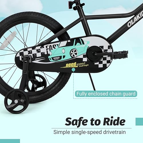 Miniatura 5 de Olakids Bicicleta para niños, 12, 14, 16, 18 pulgadas, con ruedas de entrenamiento, timbre de seguridad, asiento ajustable y manillar, freno de mano