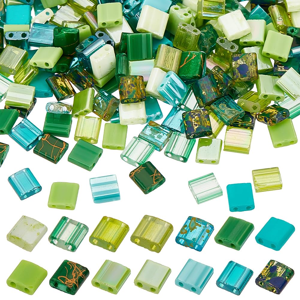 Perles de rocaille haut de gamme en verre plat à 2 trous, assortiment vert PH PandaHall
