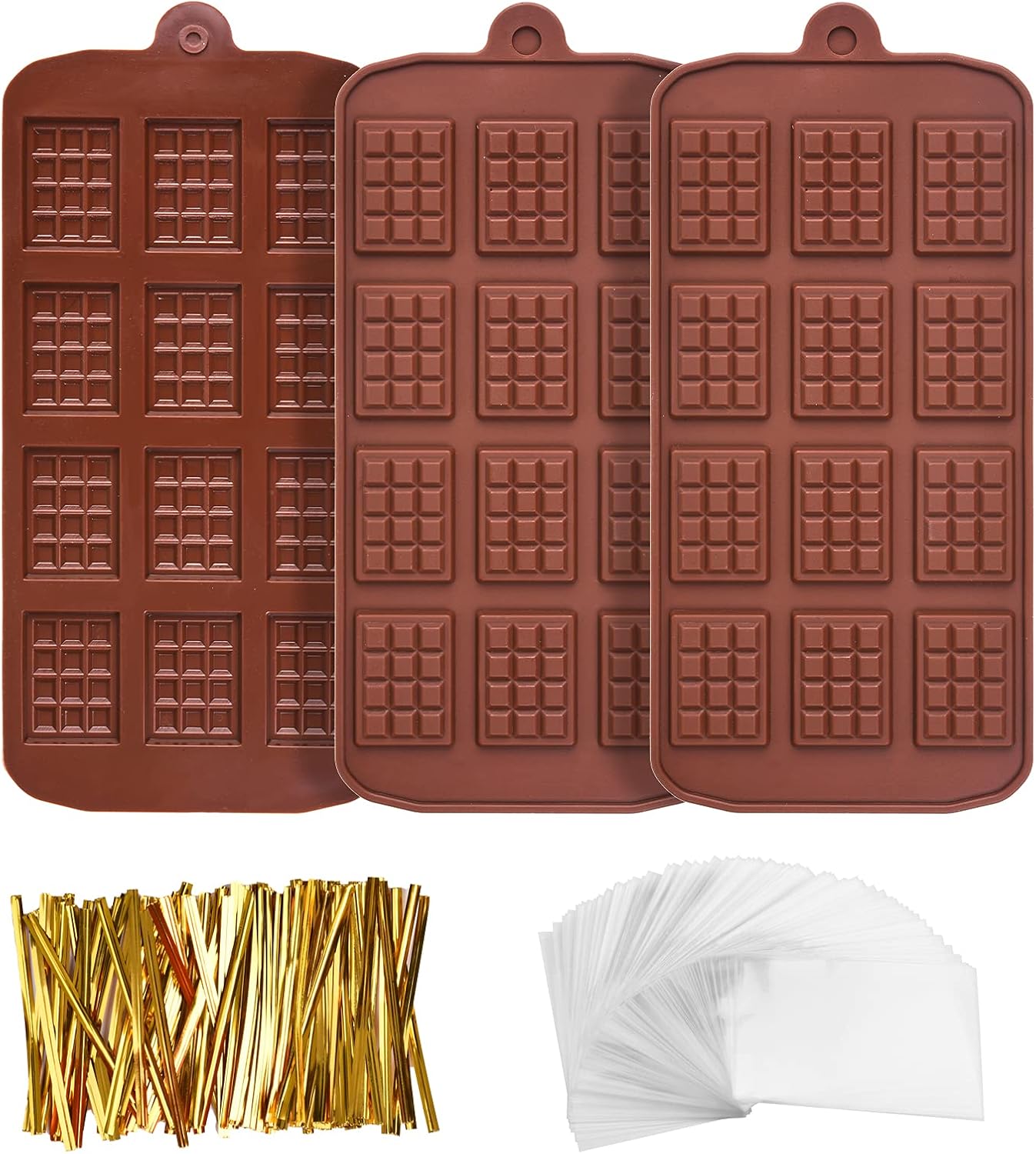 3 Pcs Candy Bar Molds, Chocolate Bar Molds, Silicone Square Mold with 200 Pcs Chocolate Cake Transparent Bags Gold Metallic Twist Ties, Suitable for Home Production