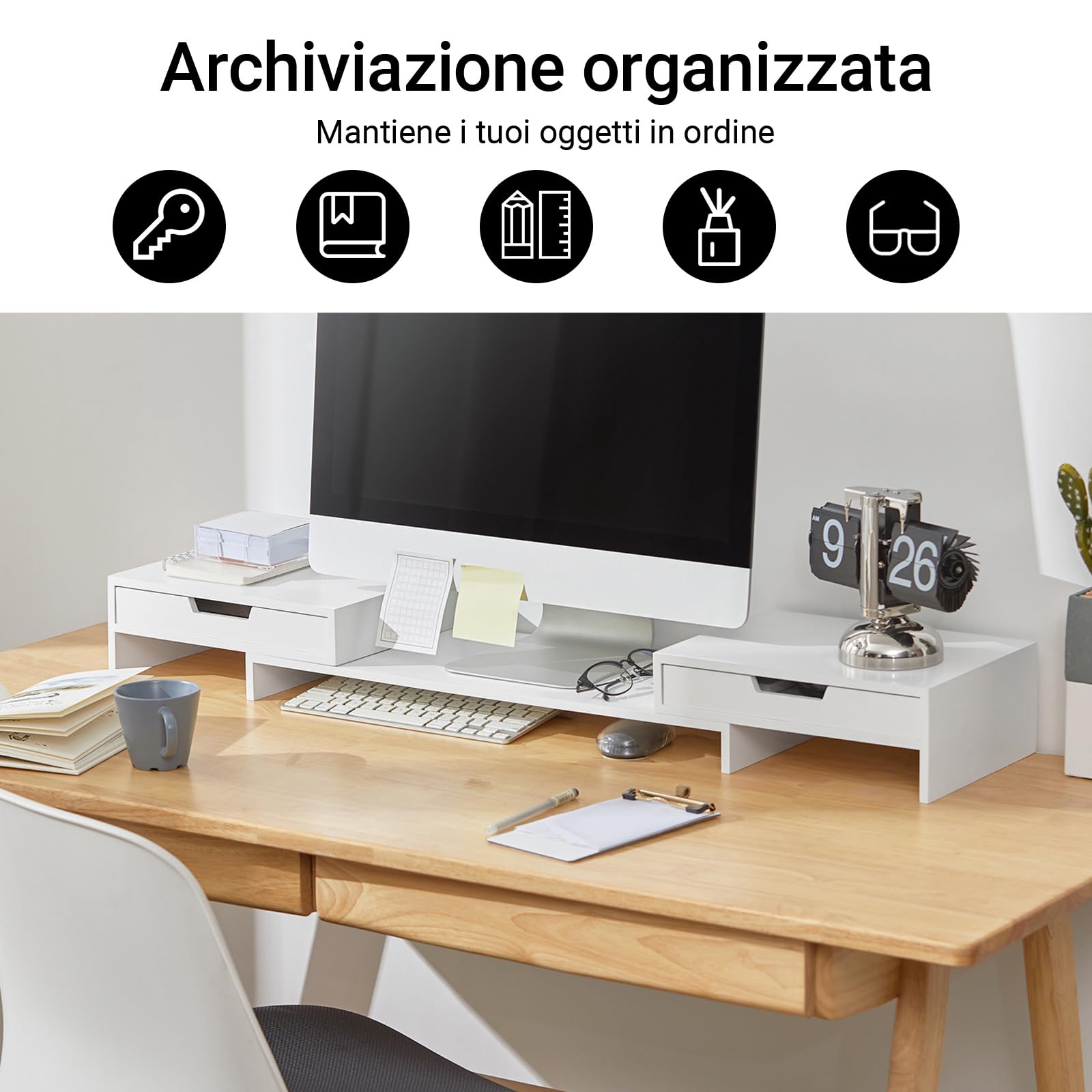 SoBuy Supporto Monitor Scrivania Rialzo Monitor da Scrivania Regolabile con 2 Cassetti Supporto PC Portatile Laptop Stand da Ufficio Bianco 60–107x22x11cm BBF04-W