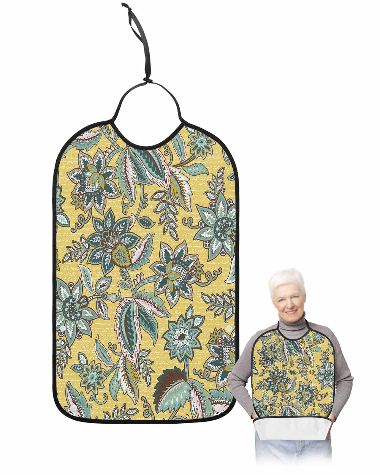 LEOKOTI Vintage Green Floral Adult Bibs for Eating, Waterproof Bibs with Food Catcher & Adjustable Snap Closure, Ethnic Boho Retro Flowers Art Teal Washable Clothing Protectors Adult Bibs for Elderly