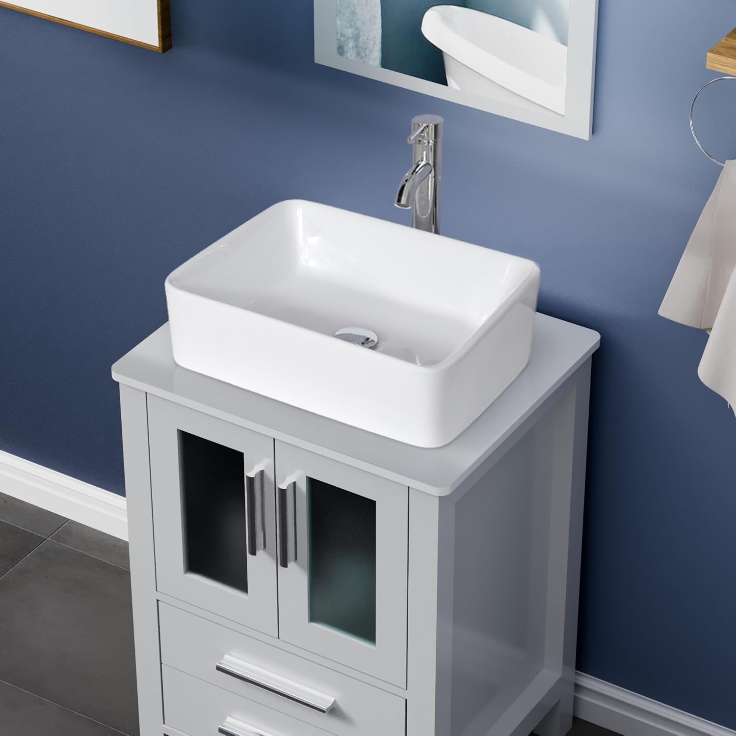 UEV 24" Grey Bathroom Vanity with Ceramic Vessel Sink, ORB Faucet, MDF Vanity with Pop Up Drain and 30% Water-Saving Design, Soft Closing Drawers/Doors,Mirror Not Included (T03)