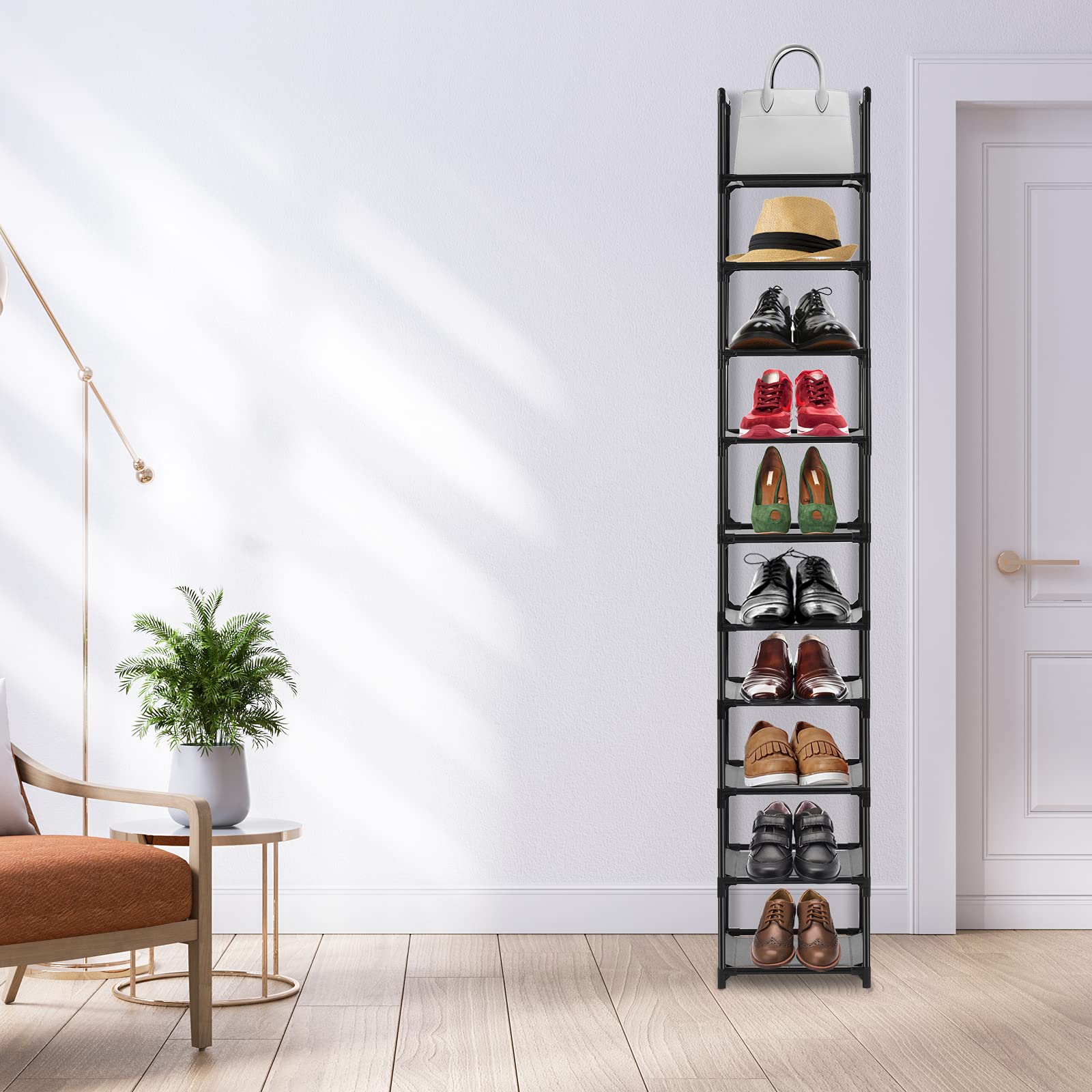 Voency Scarpiera a 10 livelli, in plastica, organizer in ferro, scaffalatura, salvaspazio, multifunzionale, soggiorno, camera da letto, ingresso, corridoio, bagno