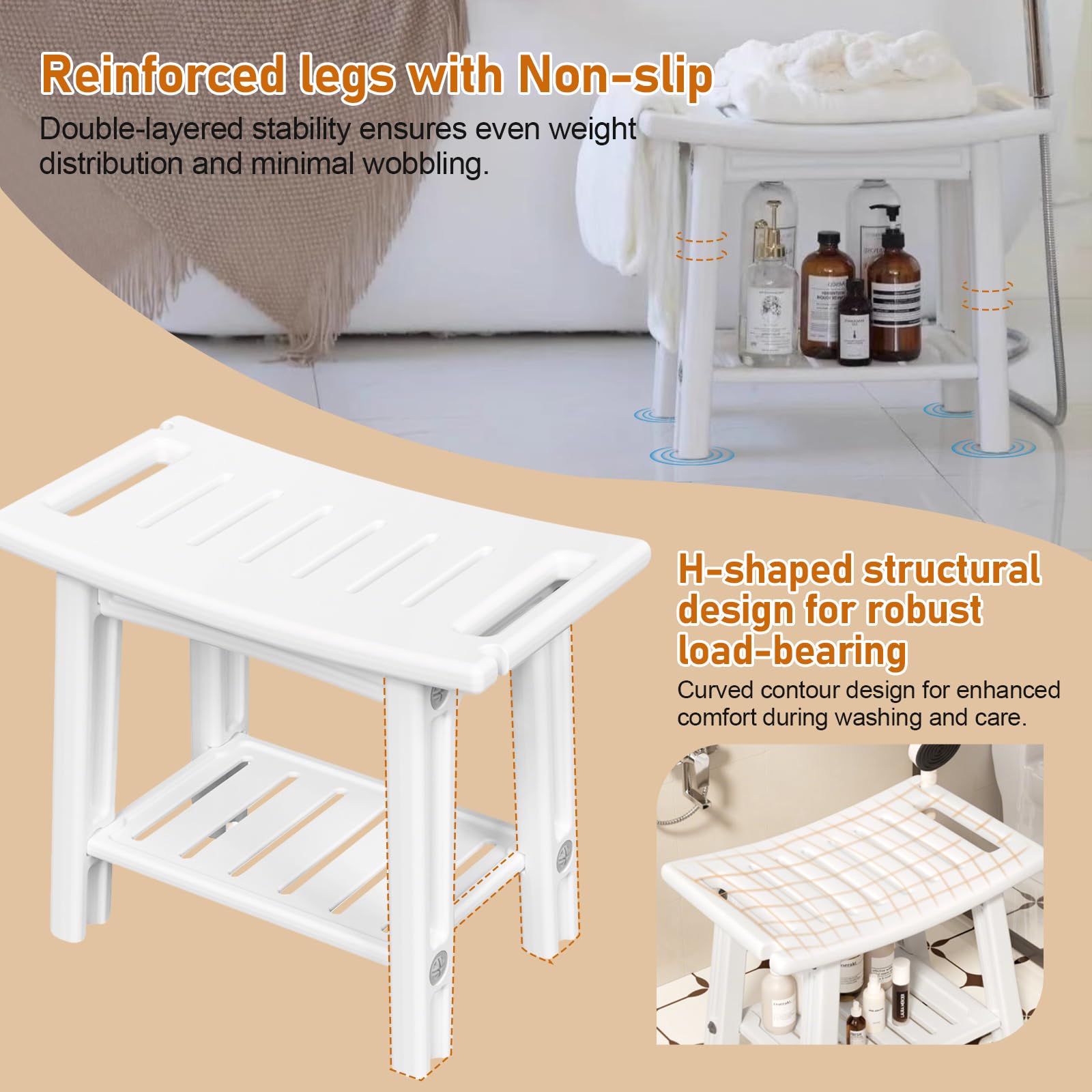 Silla de ducha impermeable, taburete de ducha impermeable con asidero, taburete de baño con soporte para el cabezal de ducha, silla multiusos con capacidad de carga de 150 kg, 56 x 32 x 46 cm (blanco)