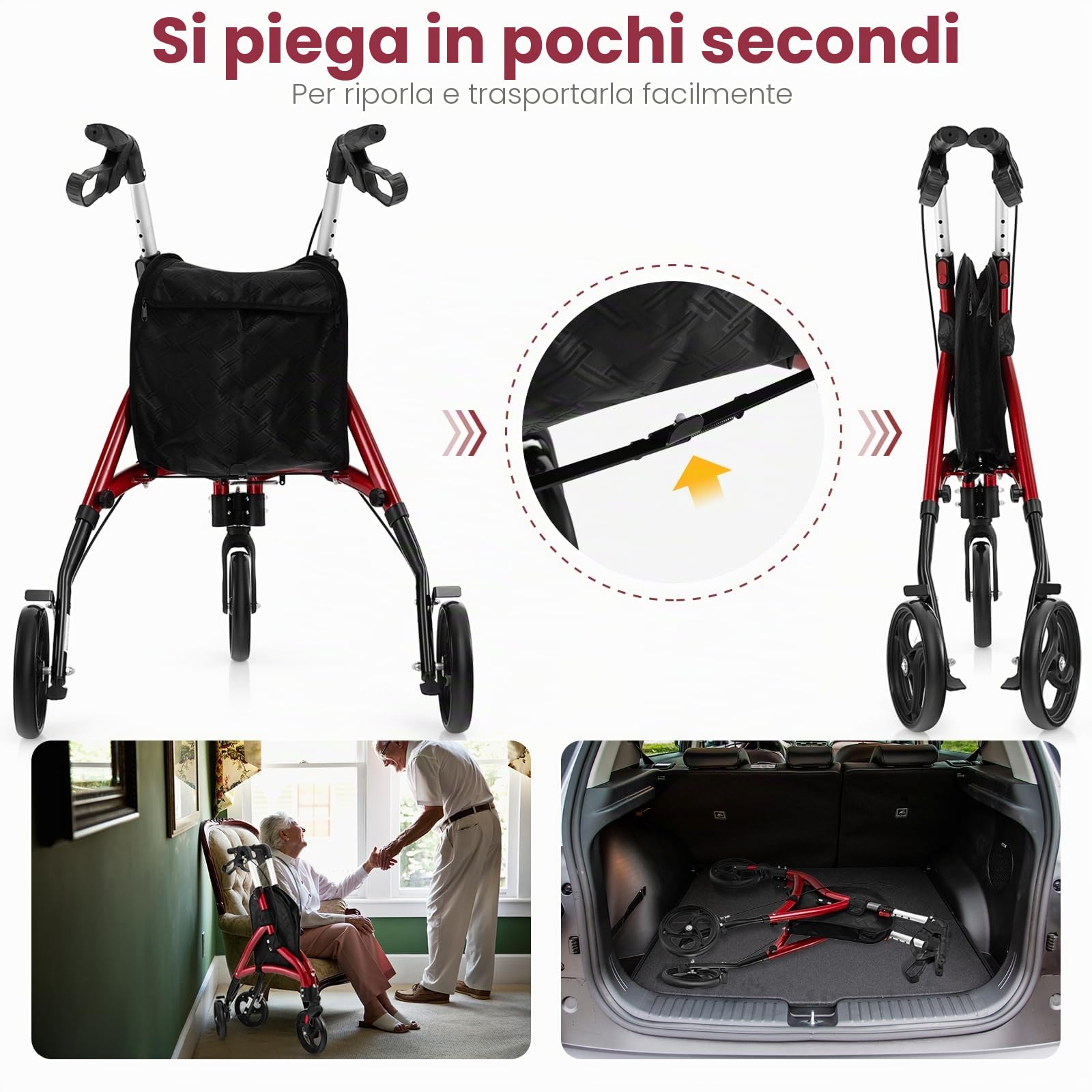 HOMASIS Rollator Pieghevole a 3 Ruote in Alluminio Leggero, Ausilio alla Deambulazione Regolabile in Altezza, con Sacca Portaoggetti per Tutti i Tipi di Terreno per Anziani, Disabili (Rosso)