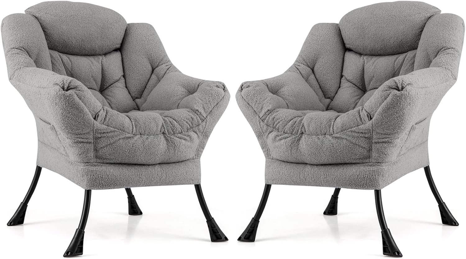 Giantex Set of 2 Lazy Chairs, Modern Sherpa Accent Chair w/Upholstered Single Sofa Chair w/Armrests & Side Pocket, Leisure Reading Lounge Chair for Living Room, Bedroom, Office, Dorm (Gray)