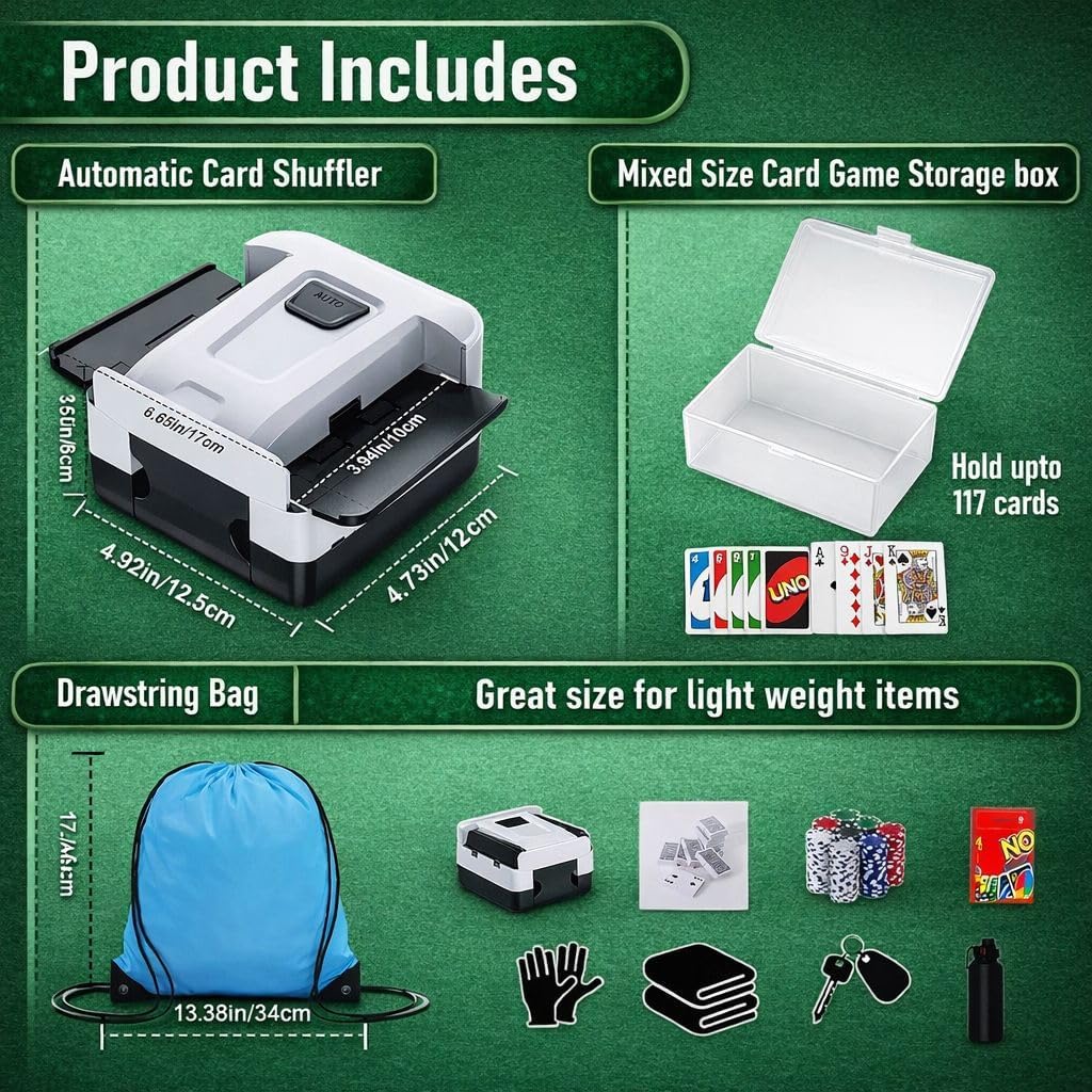 Automatic Card Shuffler for 1–2 Decks with Built-in Card Box, Dual Motor Low-Noise Electric Shuffler, 2000mAh Rechargeable Battery with Type-C Charging, Carry Bag for Poker, UNO & Blackjack