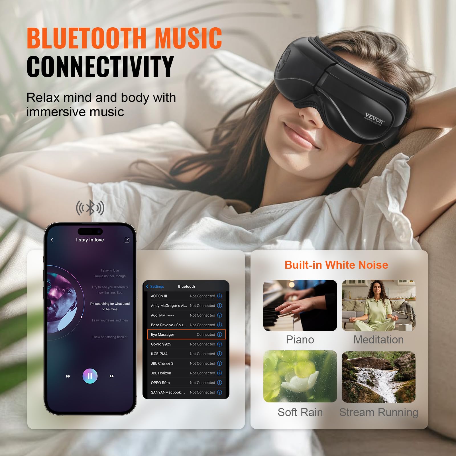 VEVOR Massaggiatore per occhi con calore, maschera riscaldata per massaggio oculare con 5 modalità e musica Bluetooth, massaggiatore pieghevole a 180° per emicrania, affaticamento degli occhi