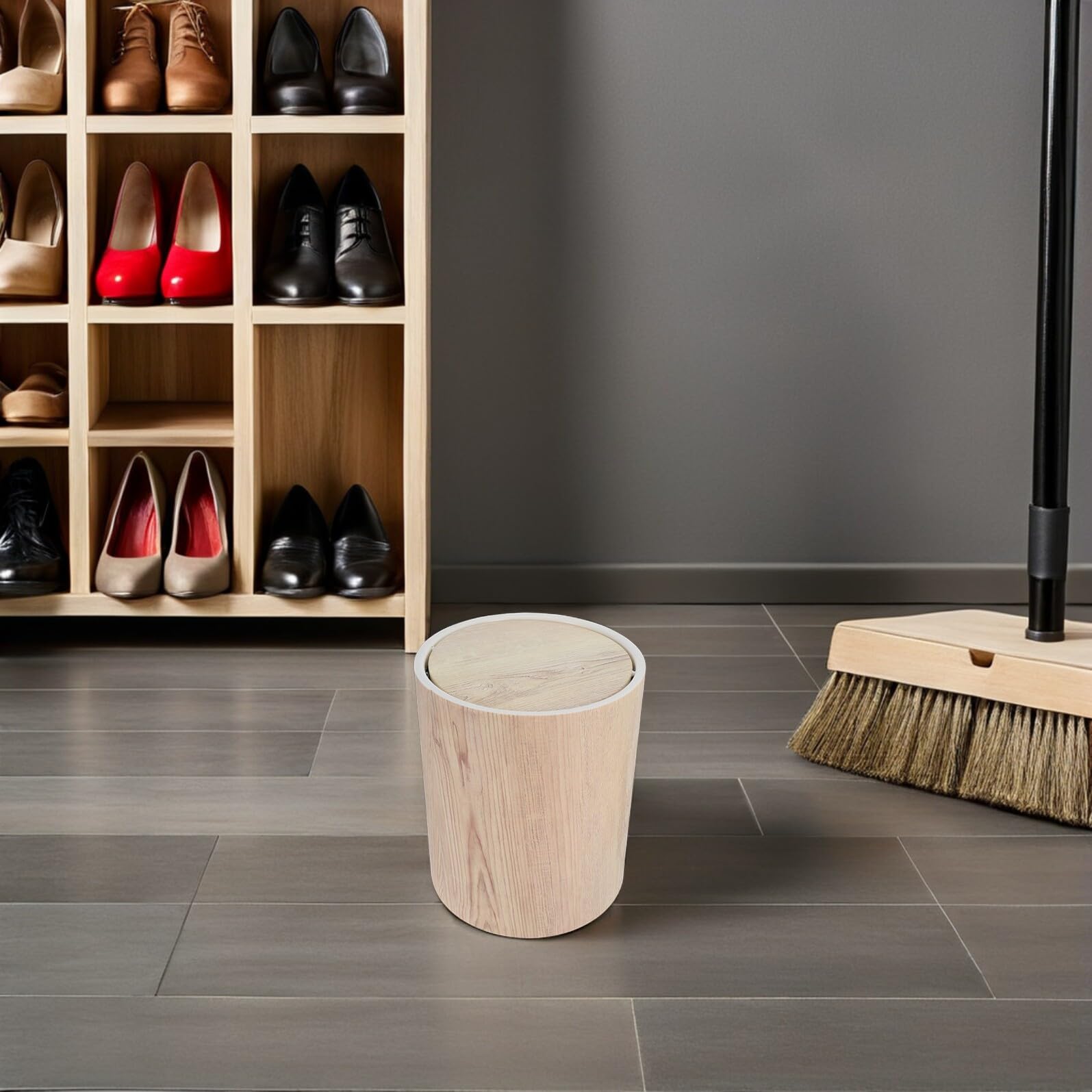 GALPADA Runder Abfalleimer mit Deckel aus Kunststoff in Holzoptik, Beige