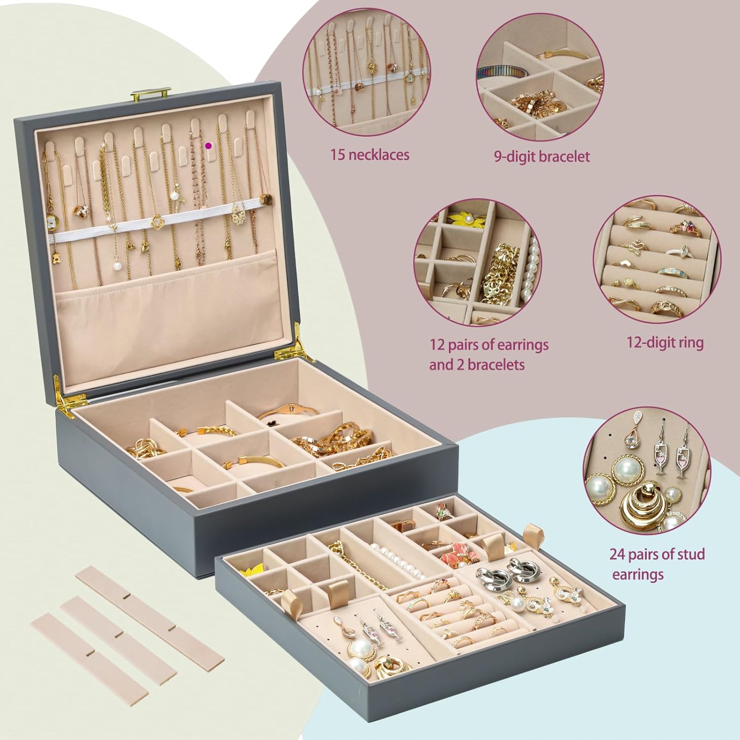 2-layer jewelry box，Jewelry Organizer with Handle，with hanging necklace hooks, detachable jewelry trays, suitable for storing a large amount of jewelry gift box (Large-Grey) - Image 5