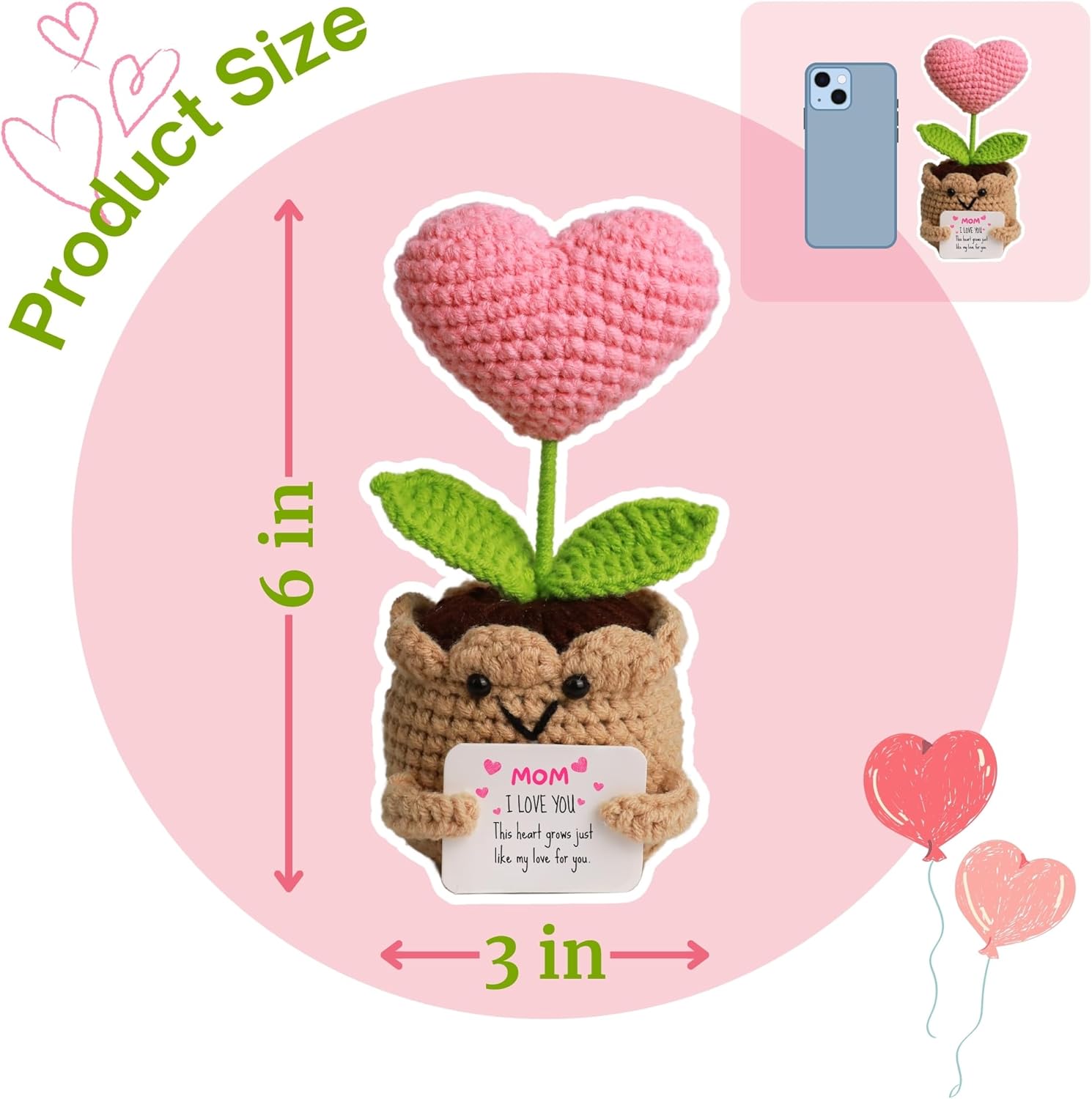 New Mom Gift – Hand-Crochet Heart Flower Doll with 'I Love You Mom' Quote Card – Handmade Gift for Mom, Perfect for Mother's Day, Birthday & Any Occasion (I Love You Mom) - Image 2