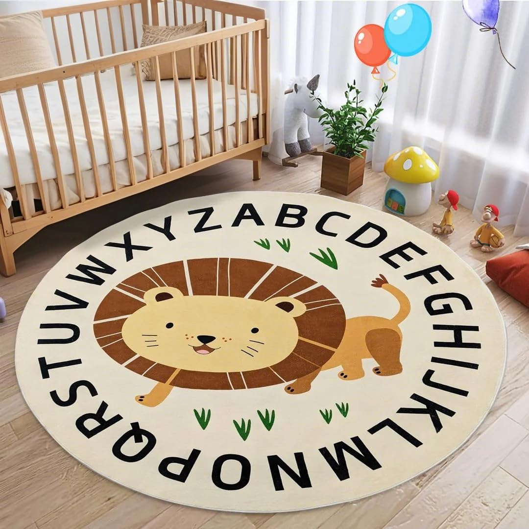 Lacomfy Kids ABC Rug 4Ft Round Lion Carpet Jungle Animal Play Mat Alphabet Safari Area Rug Circle Boys Girls Bedroom Playroom Nonslip Nursery Rug for