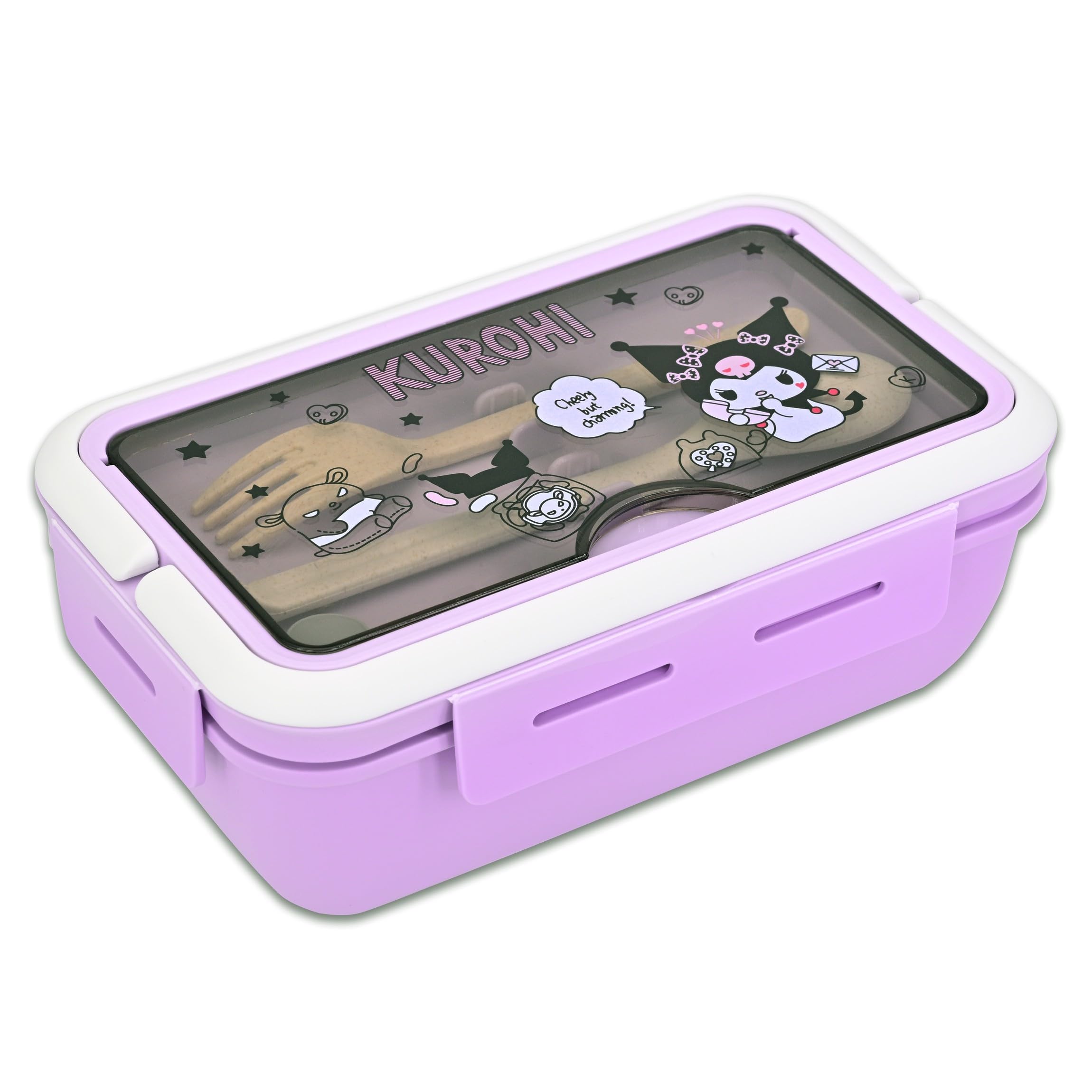 Roffatide Cartoon Kuromi Cute Printed All-in-One Bento Boxes with Handle Kawaii 4-Point Lock Type Lunch Box Containers for Food Fruit Snack