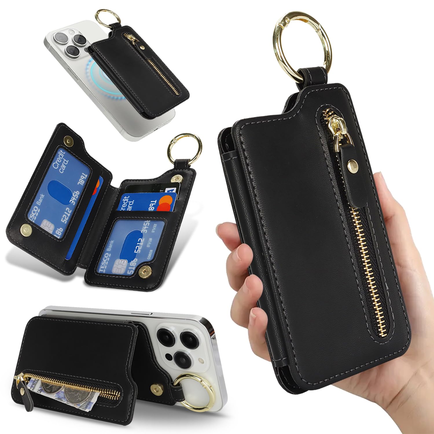 Cavor MagSafe Brieftasche Für IPhone – Magnetischer Kartenhalter Mit Ständer, 4 Kartenfächer, Schwarz