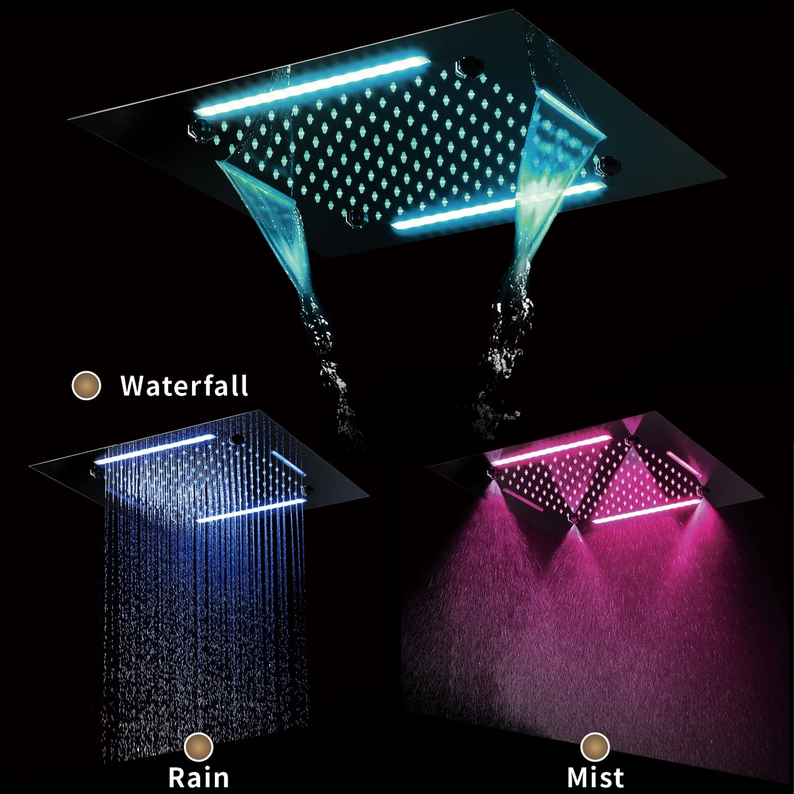 Cabezal de Ducha Cuadrado LED, 500mm 3 Funciones Alcachofa de Ducha Acero Inoxidable Empotrable Rociador Ducha 64 Colores Cabezal de Ducha Lluvia, Alcachofas Fijas para Ducha,Negro