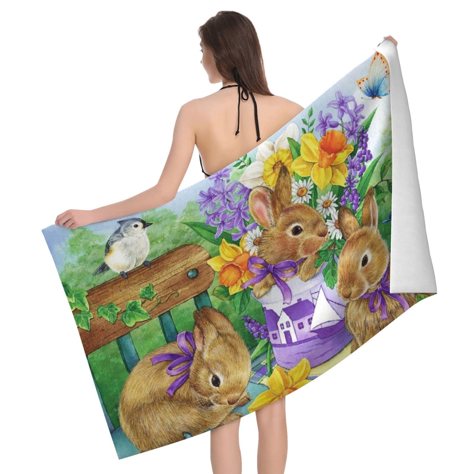 Lawenp Spring and Eggs Rabbit Bath Towel Beach Towel Popular Durable Stylishffy Touch Highly Absorbent Quick Dry Polyester 32" X 52" Also As A Gift