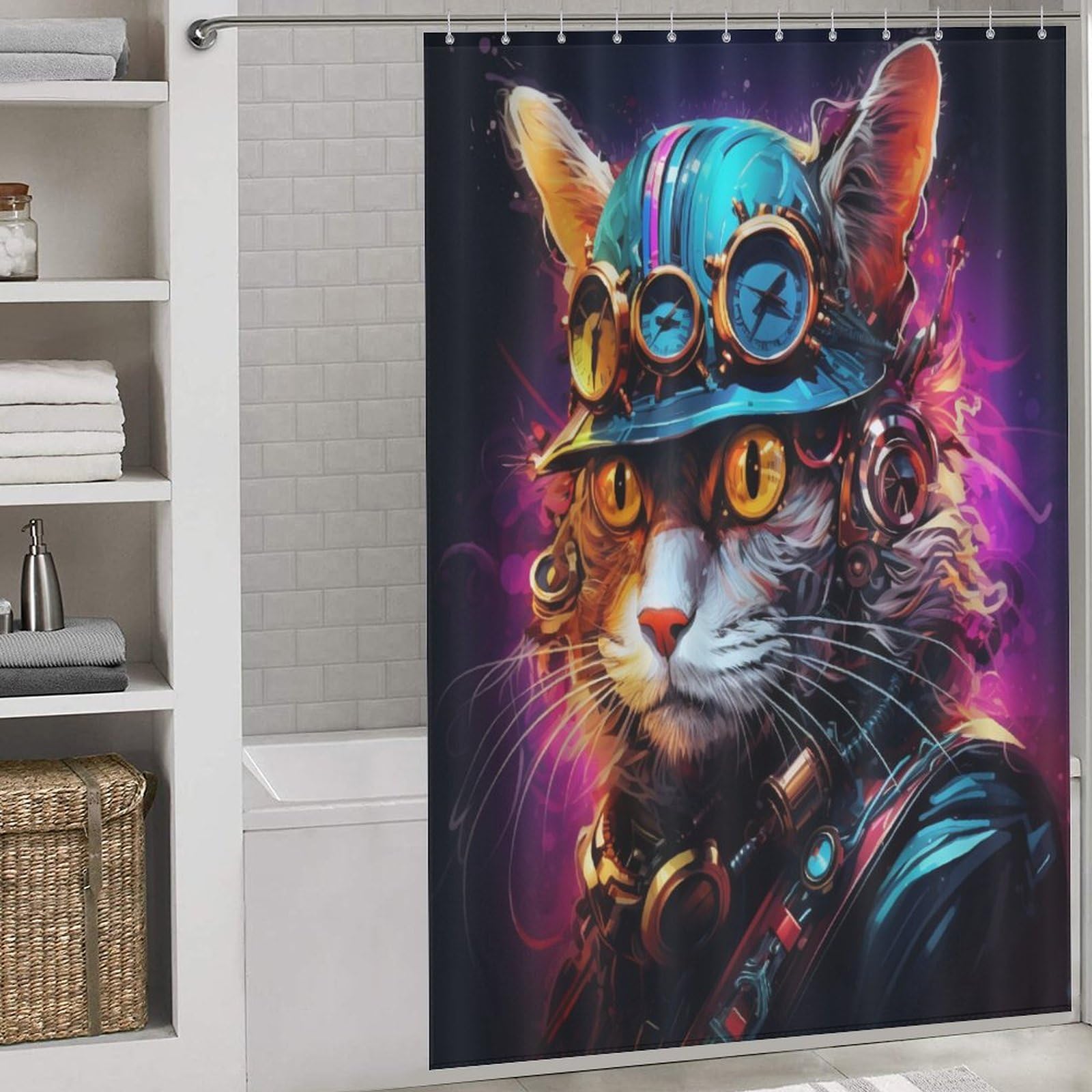 Rideau de douche imperméable séchage rapide en tissu lavable chat