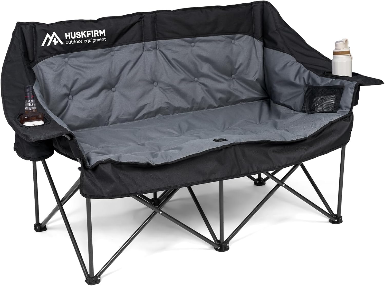 Double Camping Chair Oversized Padded Camping Chairs for Adults Folding Loveseat with Cup Holders and Side Pockets Heavy Duty Outdoor Lawn Chairs for Camping,Sports, Fishing,Beach,Black
