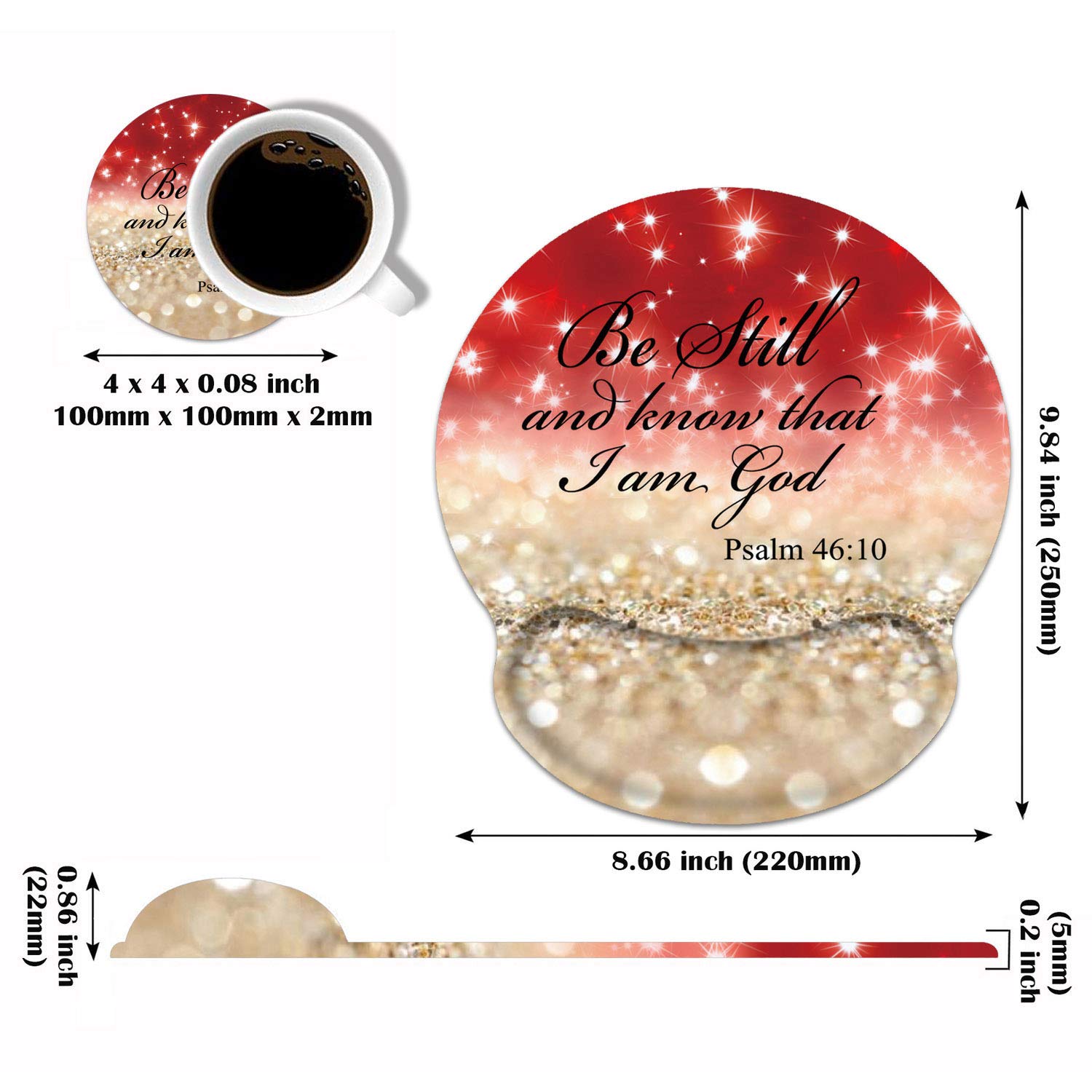 BWOOLL Ergonomic Mouse Pad Wrist Support and Coasters Set, Gaming Mouse Pad with Lycra Cloth, Non-Slip PU Base for Computer Laptop Home Office, Red Glitter Christian Quote Bible Verse Psalm 46:10