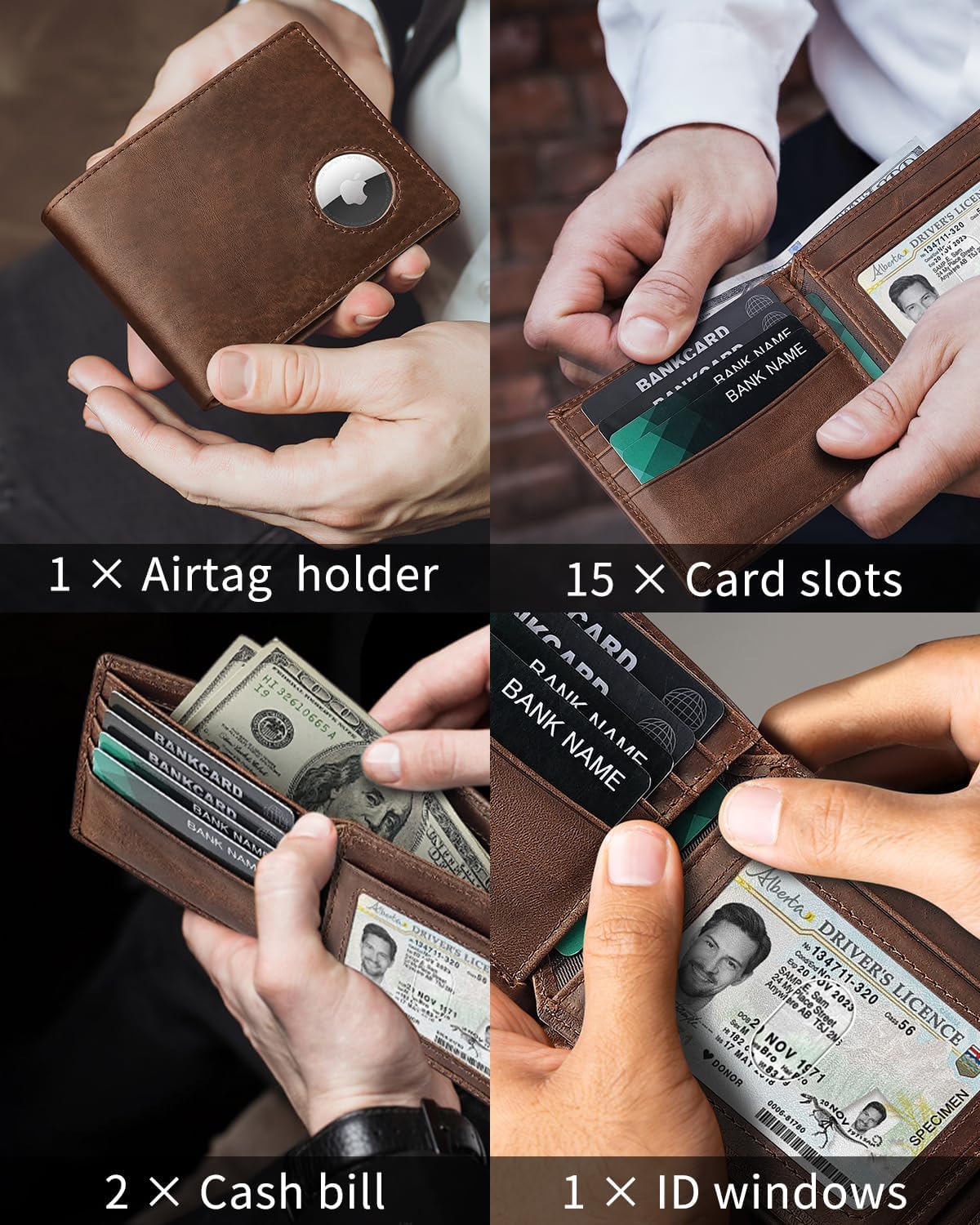 Mens Wallet With Airtag Holder Genuine Leather Bifold RFID Blocking Wallets with 14 Card Slots, ID Window & 2 Cash Pocket（AirTag Not Include） - Image 3