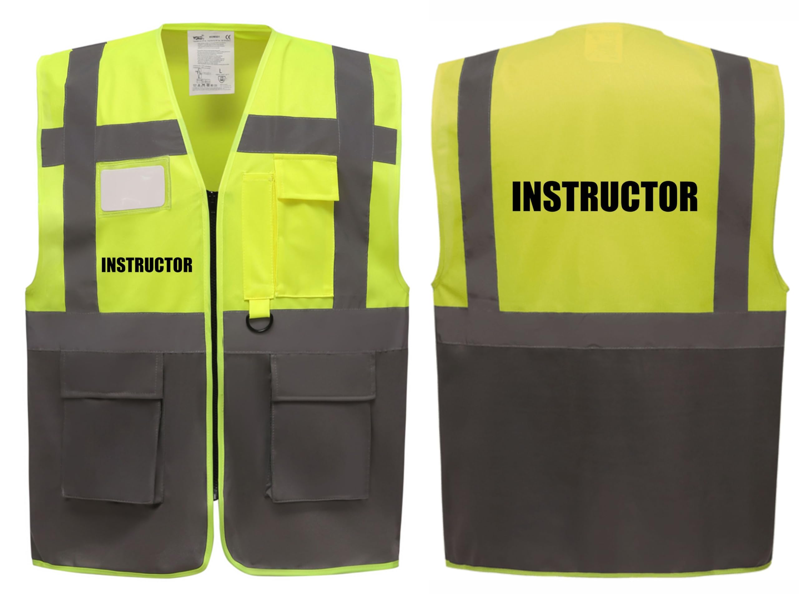 Instructor Two Tone Zipped Hi Vis Vest High Visibility Safety Waistcoat Pockets Reflective Bands Event Staff, Event Support, 13 Colour Options Brook Hi Vis (Yellow/Grey, Large)