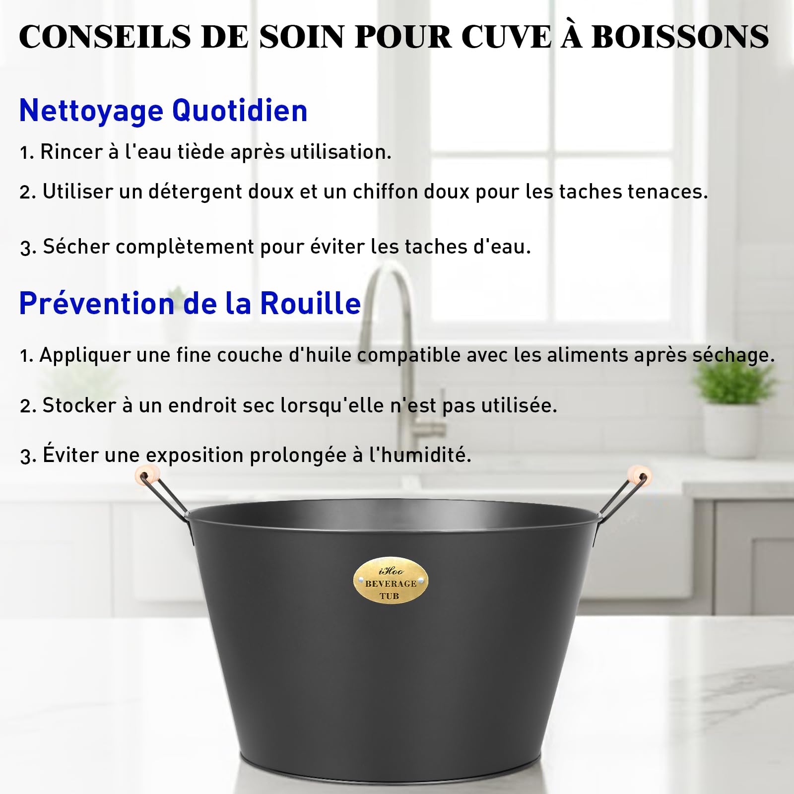 21 L Bacs à Boisson pour Fêtes, Grand Seau à Glace avec Poignées en Bois, Bac Galvanisé Noir, Bacs Idéals pour Boissons en Fêtes