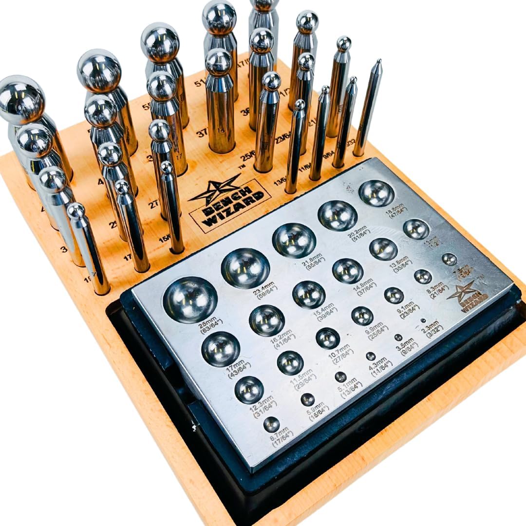 24 Piece Dapping Punches and Plate with Patented Rubber Block Base To Reduce Vibration | For Shaping and Doming Metal Pieces || Wooden Marked Stand Included