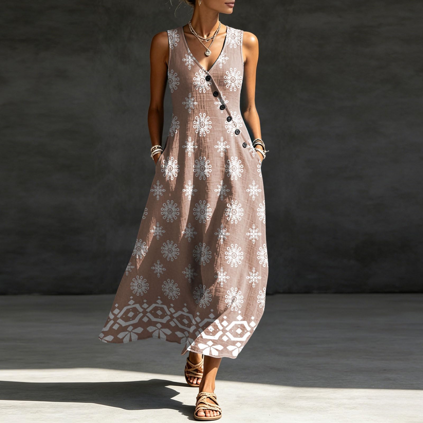 Generico Vestiti Estivi Donna Abito Estivo Donna Lungo Scollo a V con Stampa Casual Vestiti Senza Maniche Abiti Lunghi Cotton Comodo Morbido e Traspiranti Mare Vacanze Estive Spiaggia Tutte Occasioni