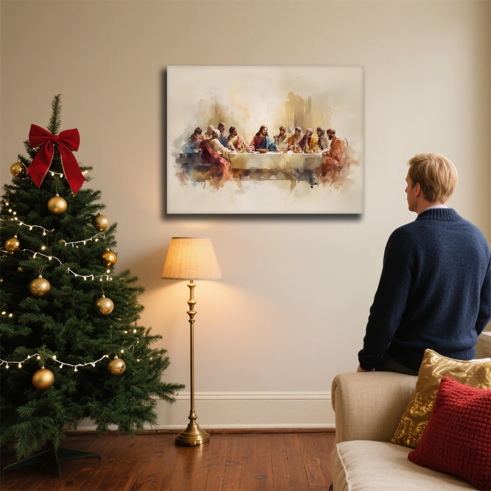 Das letzte Abendmahl Leinwand-Kunst, Aquarellgemälde, christlich-religiöse Heimdekoration, moderne Jesus-Aposteldrucke für Wohnzimmer, Schlafzimmer, Kunstwerk (Kunst-1,50 x 70 cm, gerahmt)