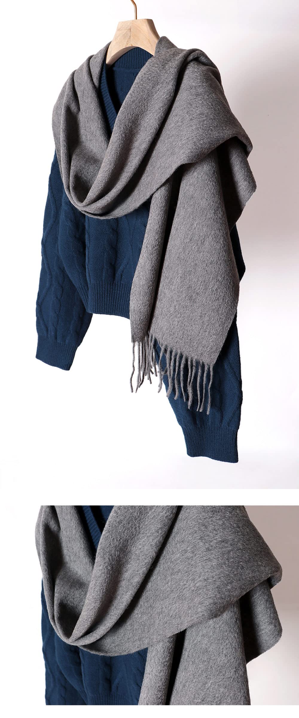 HGJH Schal Damen Winter, Winterschals Grau Weicher Warmer Schal Dicke Decke Einfarbige Quaste Kaschmir-Feeling-Schal Langer Großer Winterschal Trendige Stola-Schals Für Frauen Und Mädchen