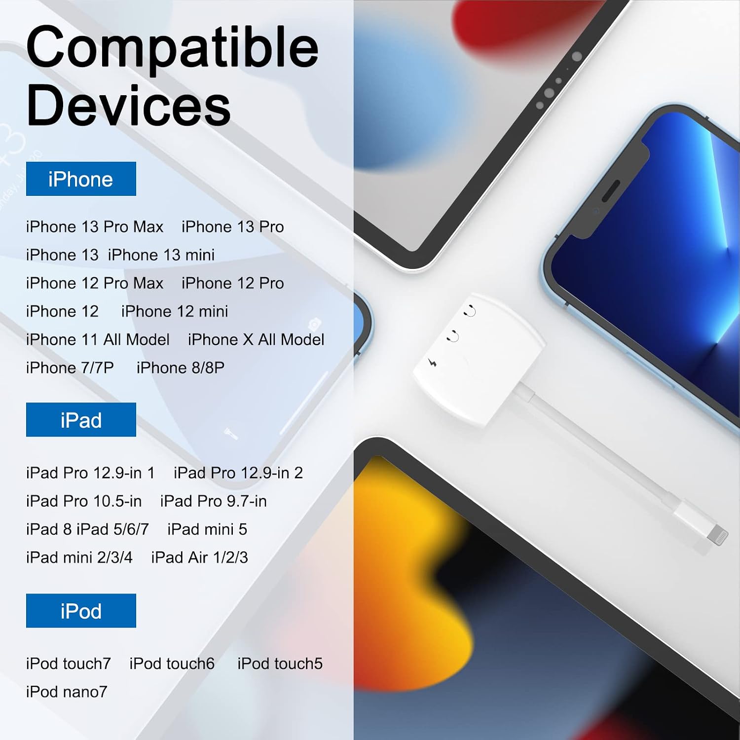 iPhone Lightning Headphone Audio Adapter & Splitter,Lightning to 3.5mm Headphone Jack Adapter & Cable & Dongle , Aux Audio Adapter for iPhone 13/12/11/X/8/8plus/7/7plus/iPad Support iOS 15