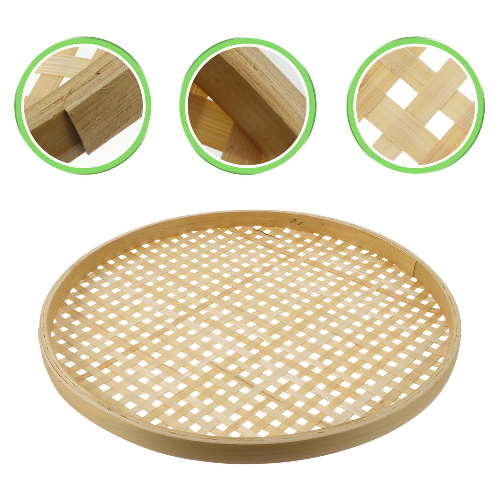 BESTonZON Wicker Fruit Basket Bamboo Sieve Baskets Weaving Fruit Vegetable Washing Basket Strainer Bowl Handwoven Flat Wicker Food Storage Shallow Tray Organizer Holder Wall Decor 36CM