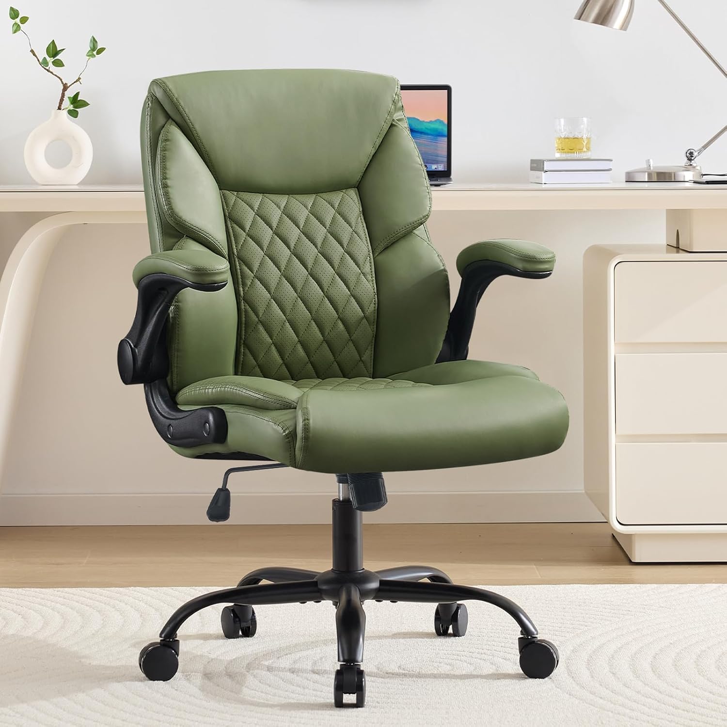 PU Leather Office Chair with Wheels, Small Gaming Chair 360°Swivel Rolling Chair with Padded Arms, Executive Office Chair, Ergonomic Computer Desk Chair with Lumbar Support for Short People Use| Green