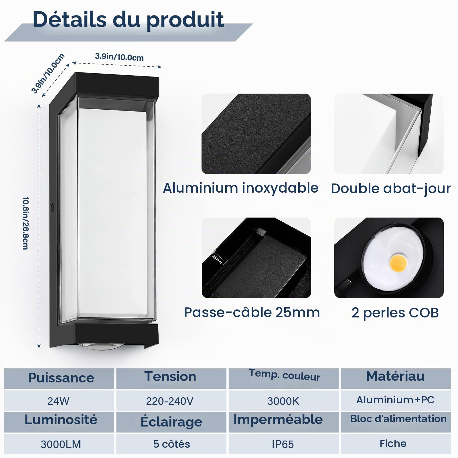 YindaLux 24W LED Lampe d'extérieur avec détecteur de Mouvement Noir, IP65 3000LM Applique Murale Intérieur/Extérieur, 3000K Moderne Lampe d'extérieur en Aluminium pour Entrée, 2 Pièces
