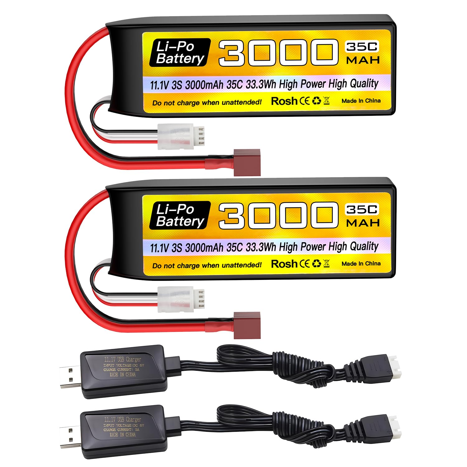2PCS 3S batteria agli ioni di litio 11.1V 3000mAh 35C con spina a T con cavo di ricarica USB per RC Auto Camion RC Barca RC Quadcopter FPV Drone Batteria