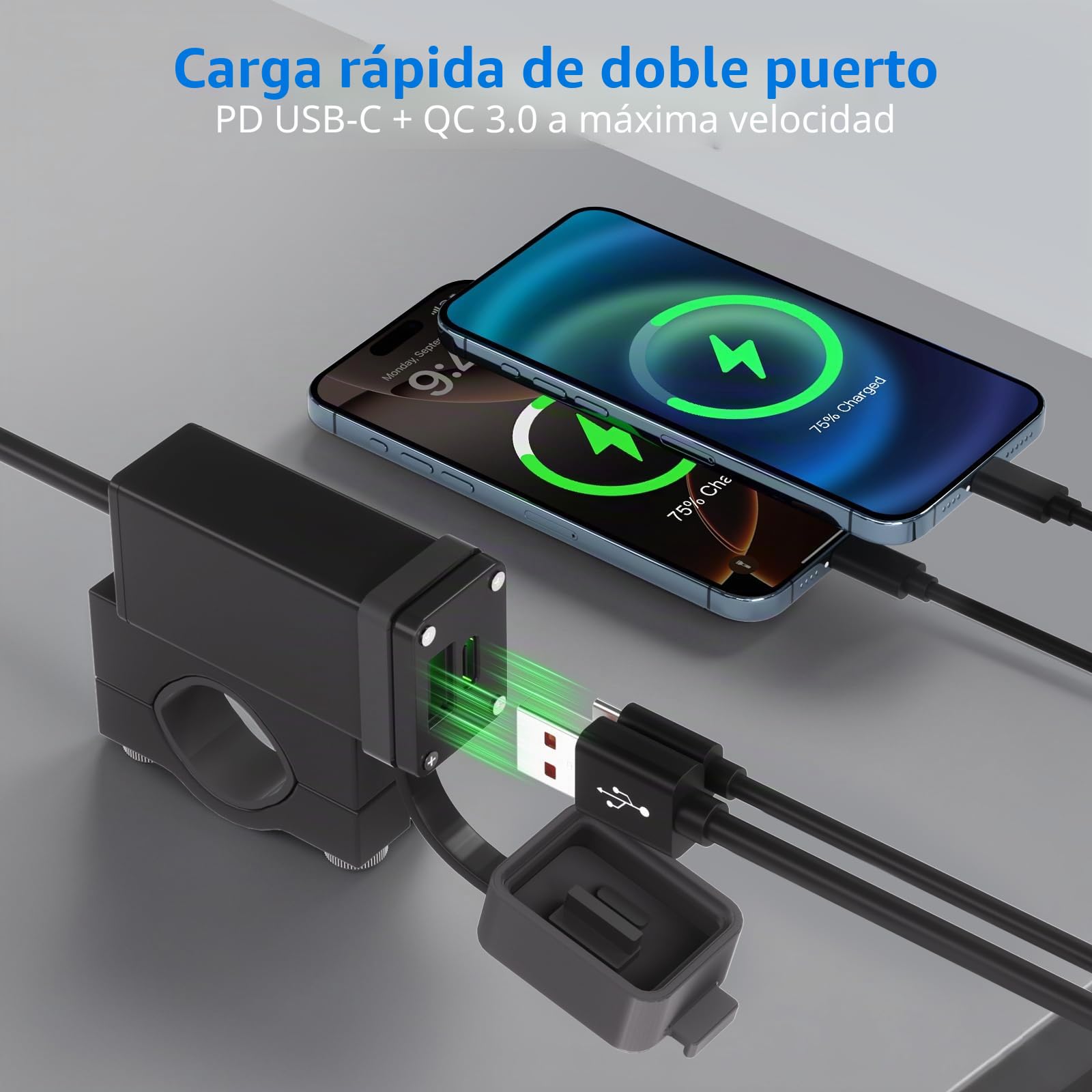 Cliff Top Cargador USB de aluminio para motocicleta PD USB-C y QC 3.0 de 36 W con interruptor de encendido magnético y resistente al agua para manillares de 7/8 '', 1 '' y 1 1/4 ''