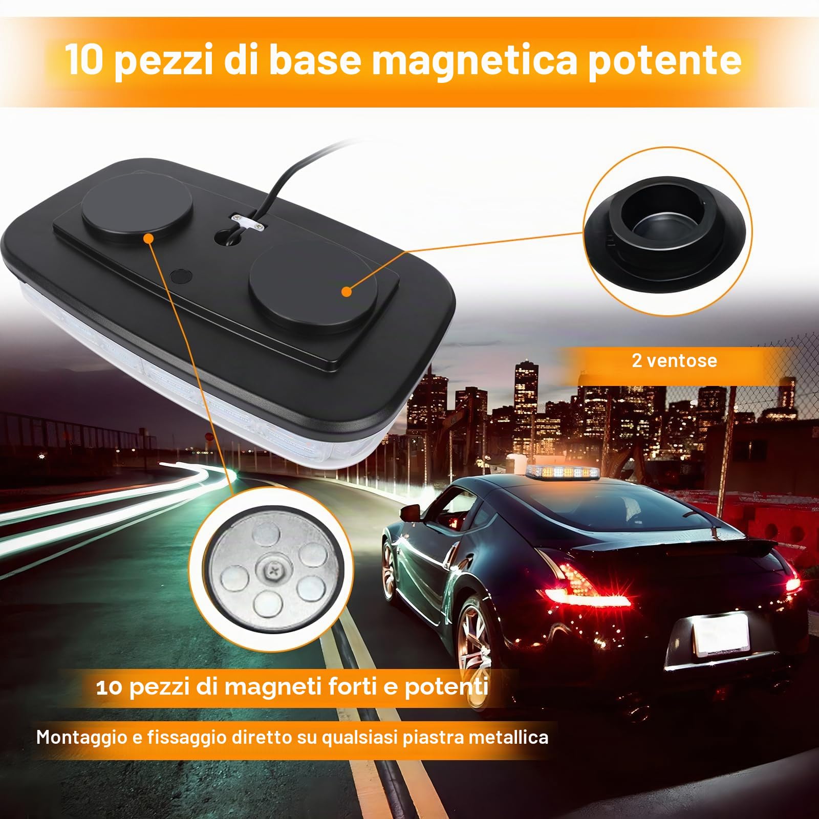 AOHEWEI Barra Luminosa LED Stroboscopica Ambra, 108 LED 10 Modalità Lampeggiante - Luce di Emergenza per Veicoli, Impermeabile IP67 con Base Magnetica 12V/24V per Rimorchi Camion SUV Veicoli