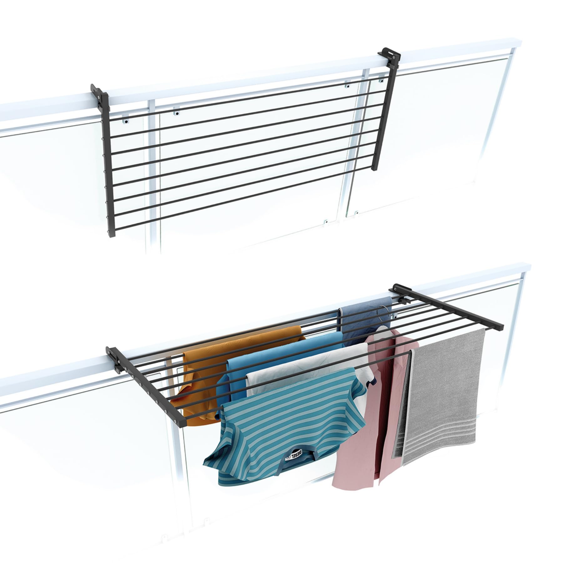 Foxydry Duo Étendoir de balcon pliable d'extérieur, robuste, en acier inoxydable et aluminium, pour balustrade de balcon, terrasse, anthracite, longueur 118 cm