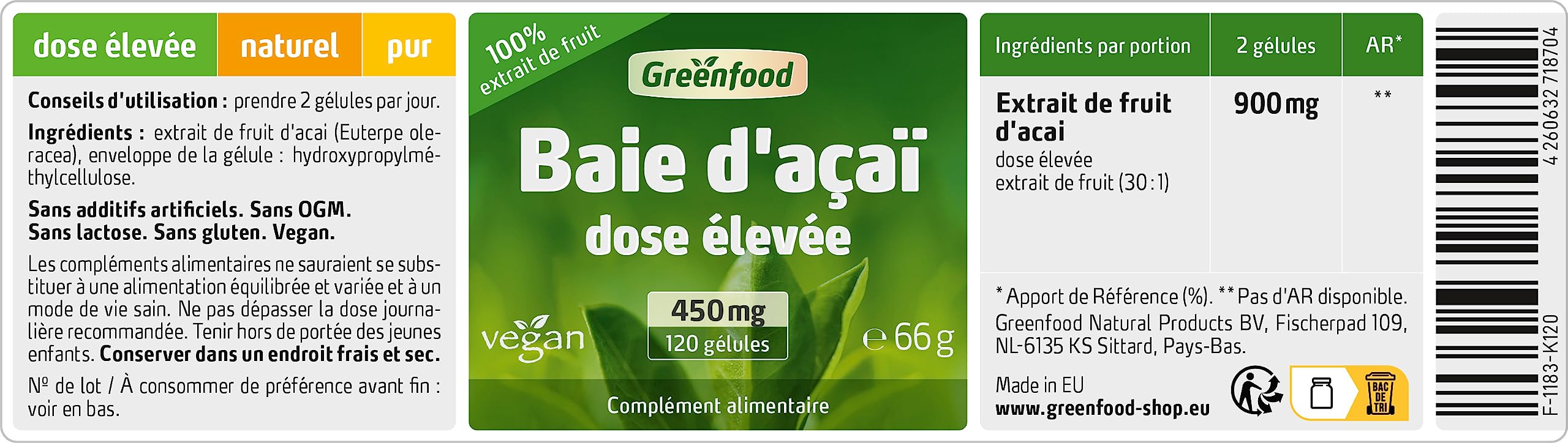 Greenfood Baie d'açai, 450 mg, extrait (30:1), 120 gélules - Sans additifs artificiels. Sans génie génétique. Vegan